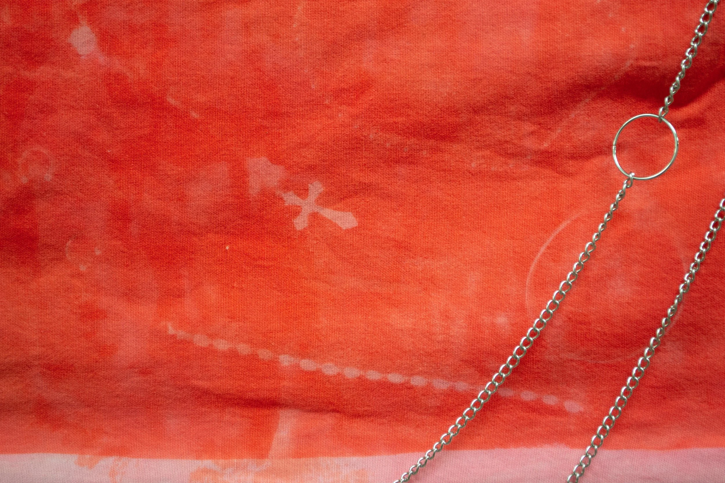 "Memory" 27x38 2025-2026

My Mother’s Pillowcase, Solarfast Dye & Wash, Dried Flowers, Testosterone Vial, My Mother’s Bangles, Rosary, Earrings, & Rings. My Earrings, Piercing Bars, Bangles, Necklaces, Rings, Chains, Collar, & Dog Tag. Grommets, Chai