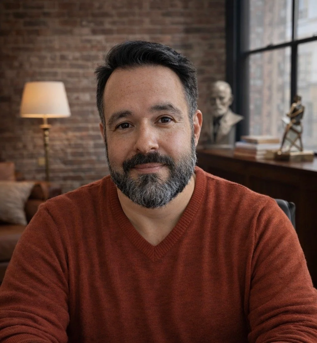 A man with dark hair, beard, and mustache, wearing a rust-colored sweater, sitting in a cozy room with a brick wall, a lamp, a bust sculpture, and books in the background near a window.
