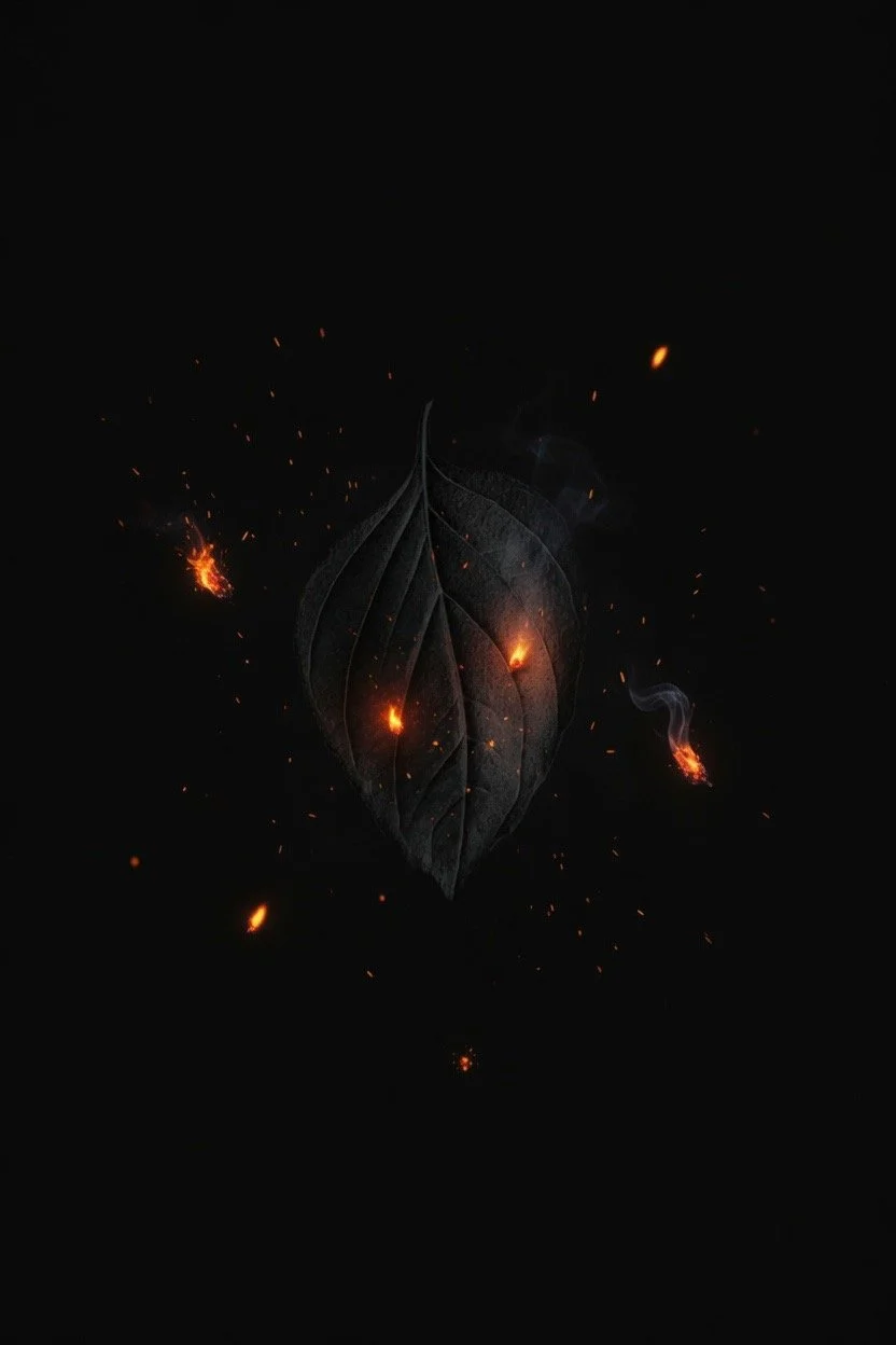A black leaf with glowing orange sparks and embers burning through it, creating a fiery effect.