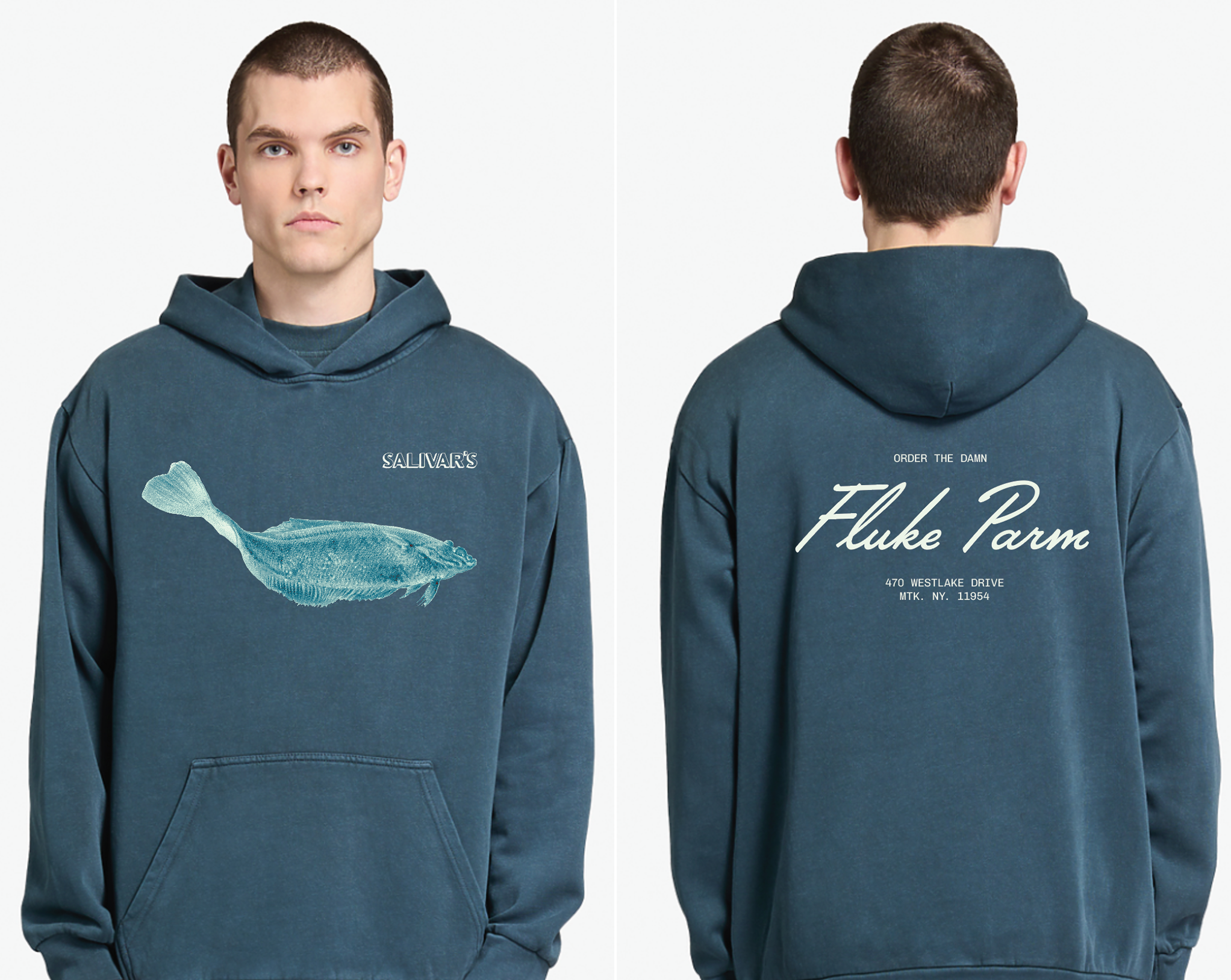 Image of 'Salivar's' Hoodie design, with a Fluke illustration on the front and "Order the damn Fluke Parm" in script text on the back.