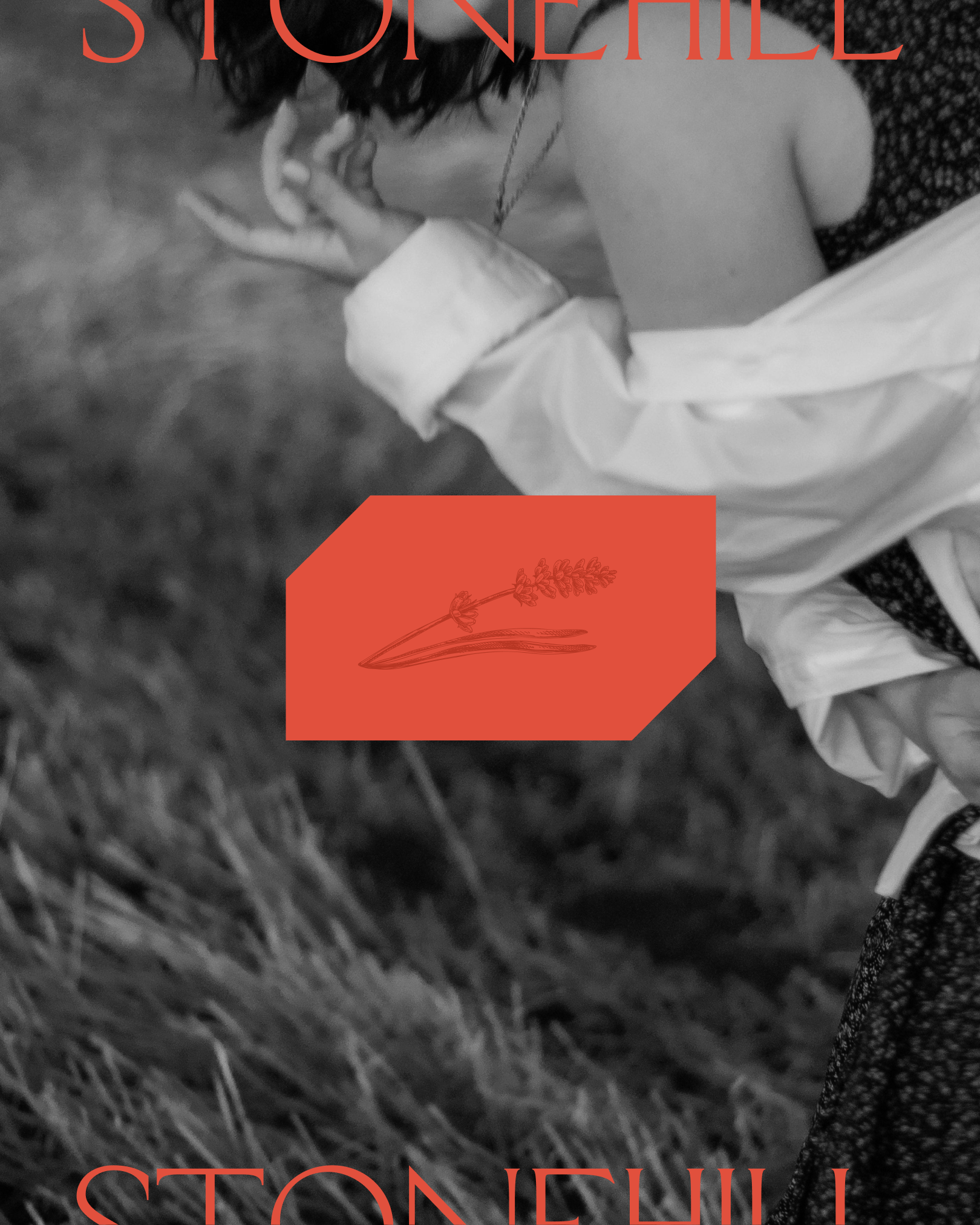 A black and white photo of a woman in a lavender field, with an orange geometric graphic shape with a lavender illustration.