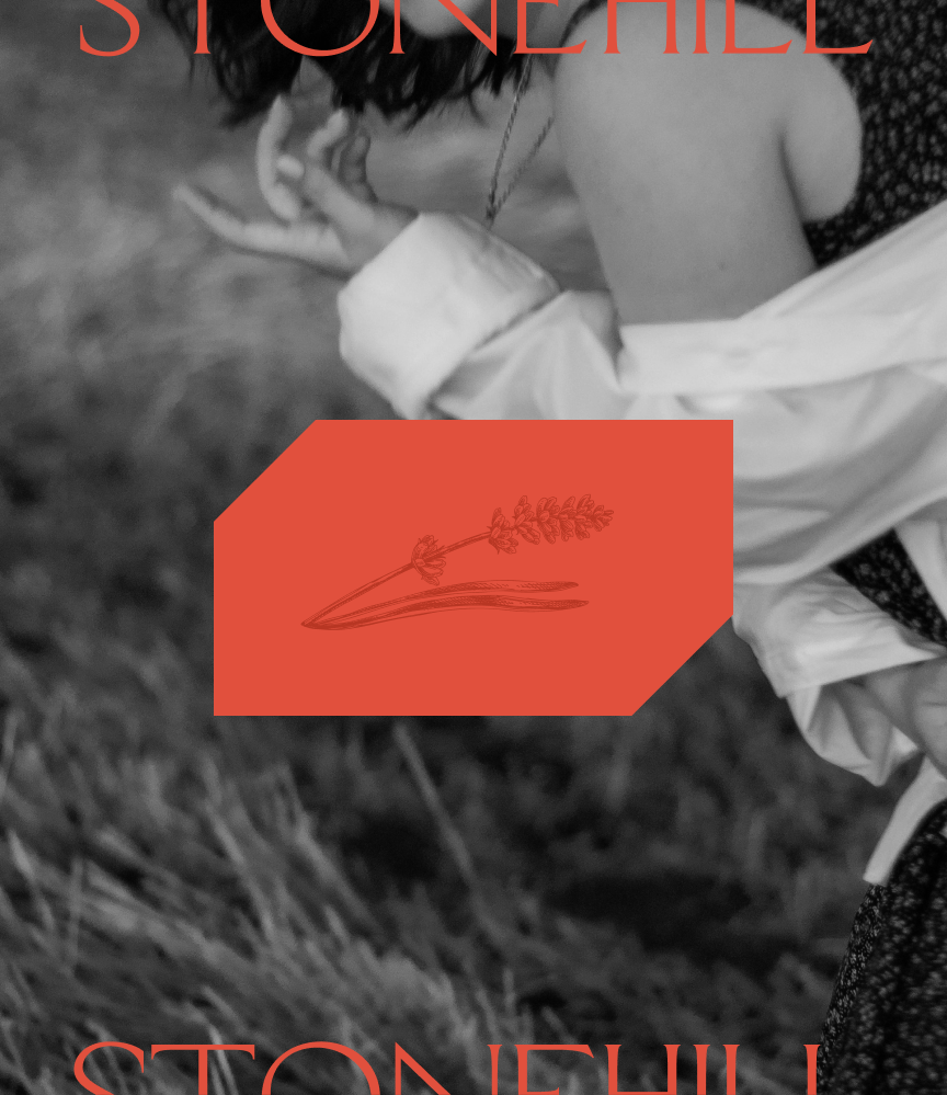 A black and white photo of a woman in a lavender field, with an orange geometric graphic shape with a lavender illustration.