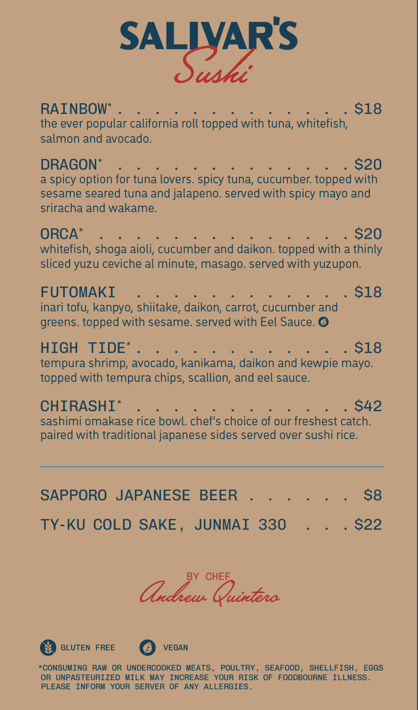 Menu for Salivar's Sushi.