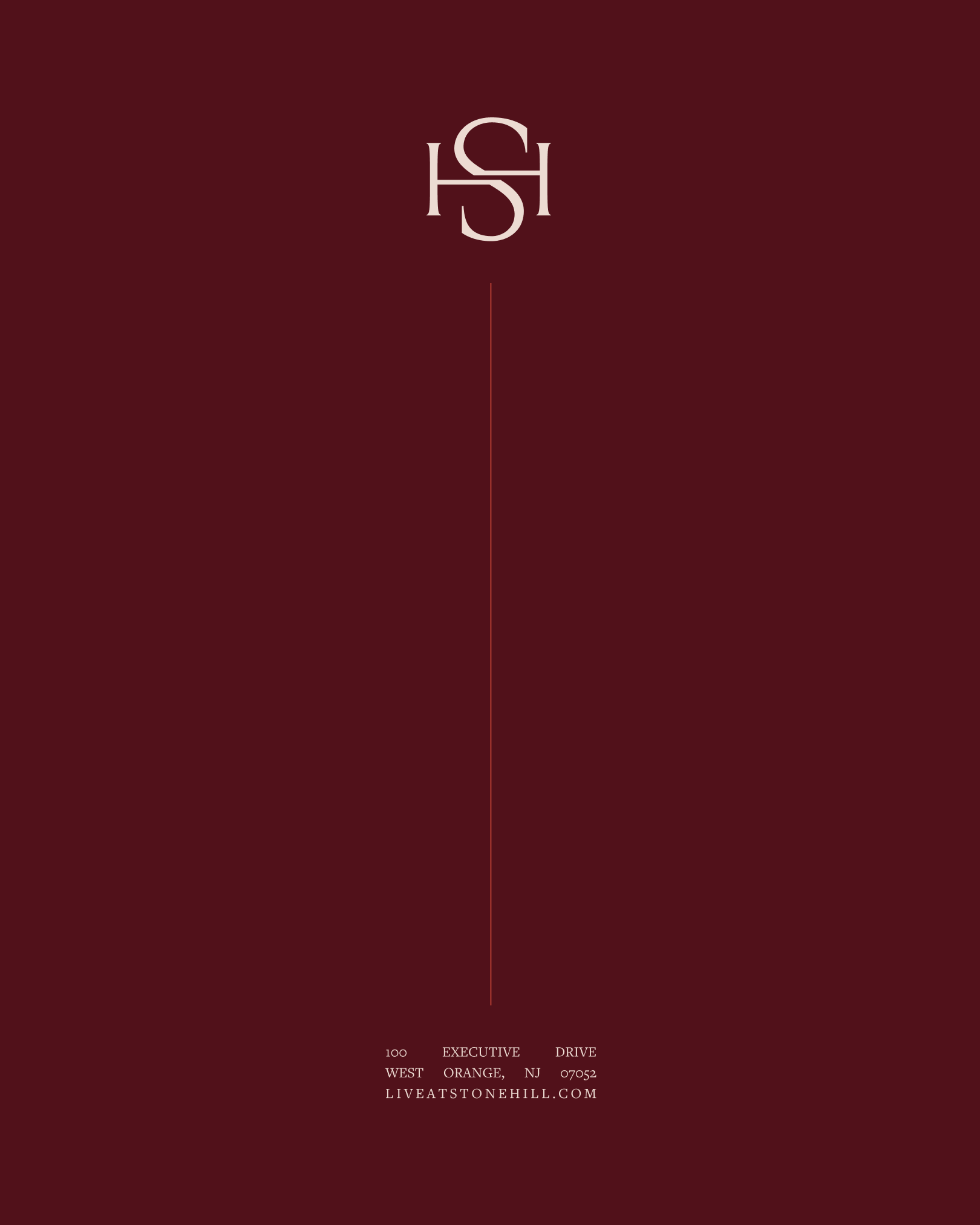 A dark red background with a centered monogram logo consisting of the letters H and S. Bottom text includes address '100 Executive Drive, West Orange, NJ 07052', website 'liveatstonehill.com', and indicates leasing details.