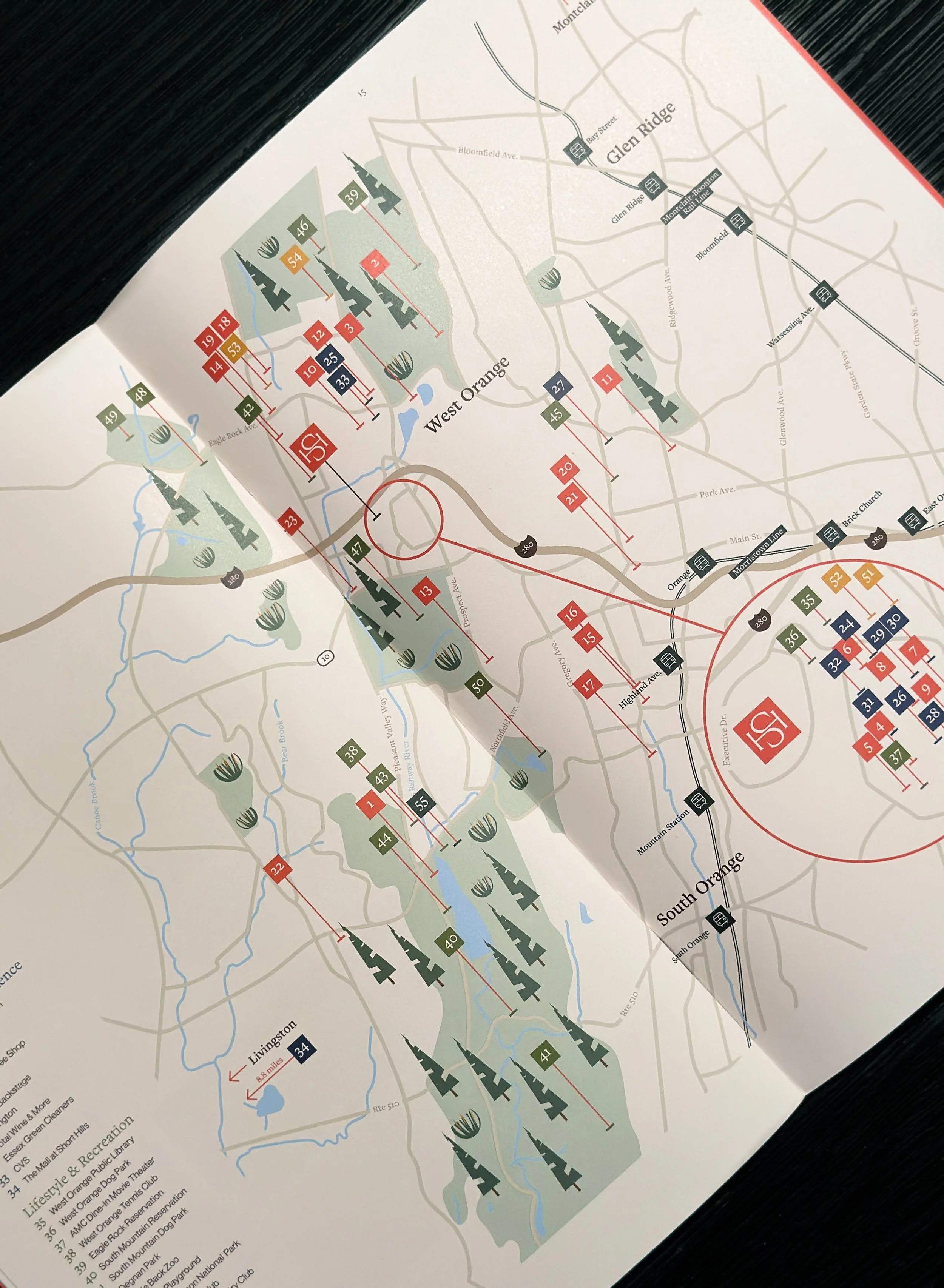 Image of the illustrated map inside the brochure showing the West Orange and the surrounding area.