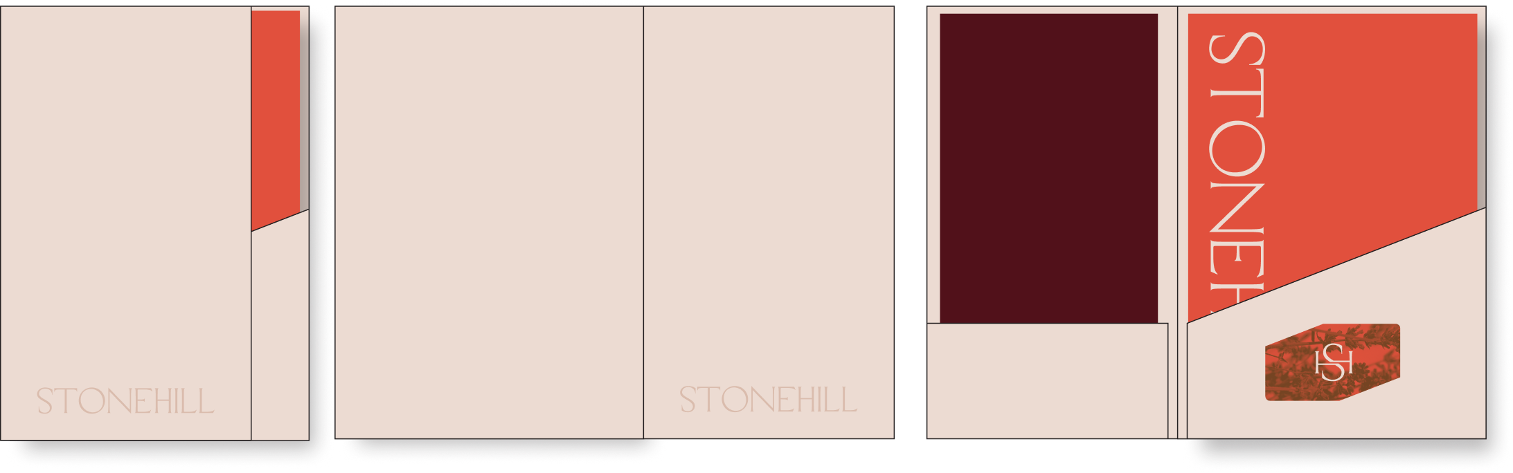 Illustration of the Stonehill folder detailing the die-cuts, folds, and closure.