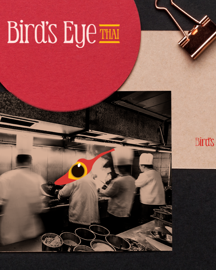 Postcard and coaster for Bird's Eye Thai featuring a photograph of chefs cooking in a kitchen, with a stylized illustration of a bird's eye incorporated into the design.