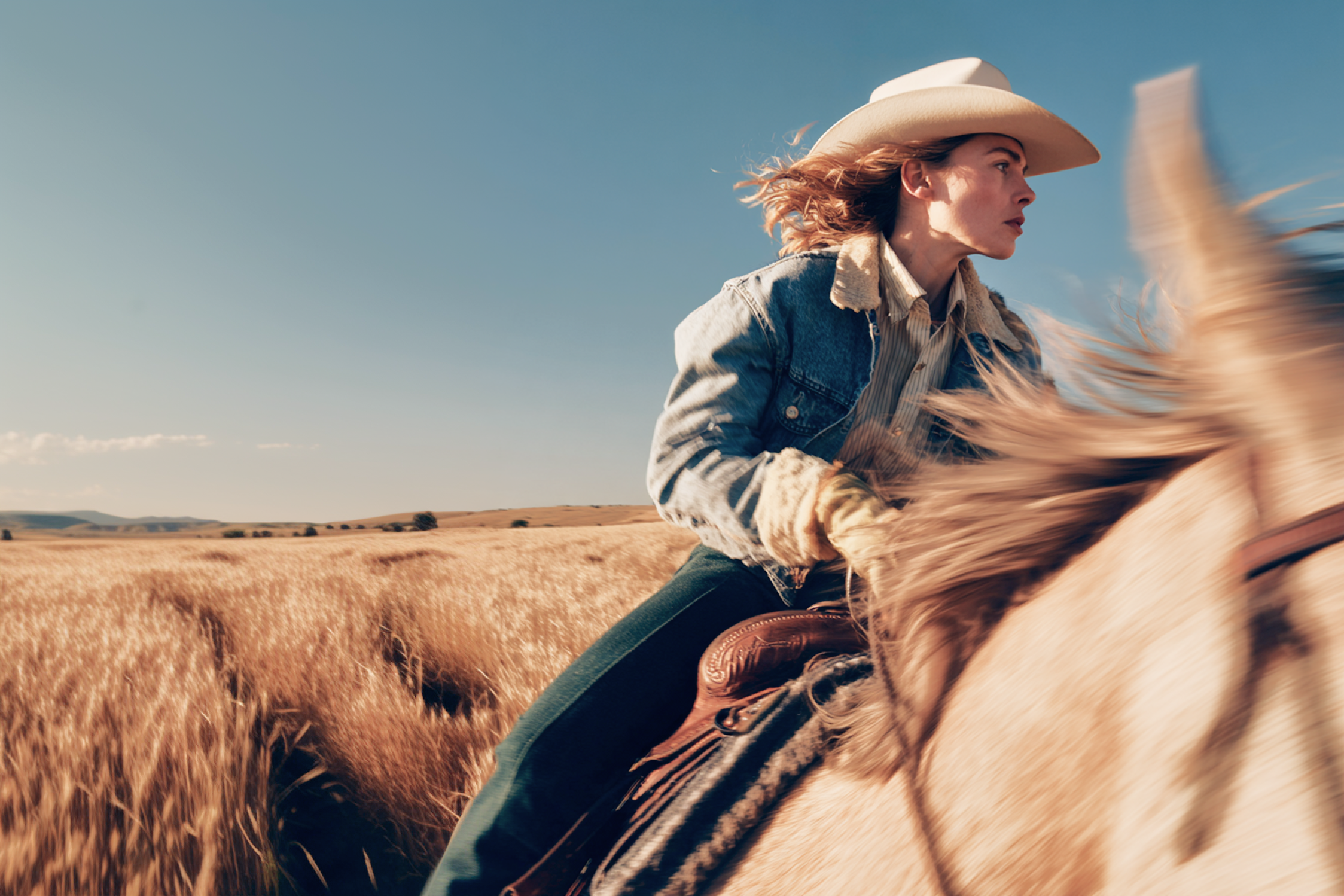 A woman riding a horse through a wheat field on a sunny day, wearing a cowboy hat and denim jacket.