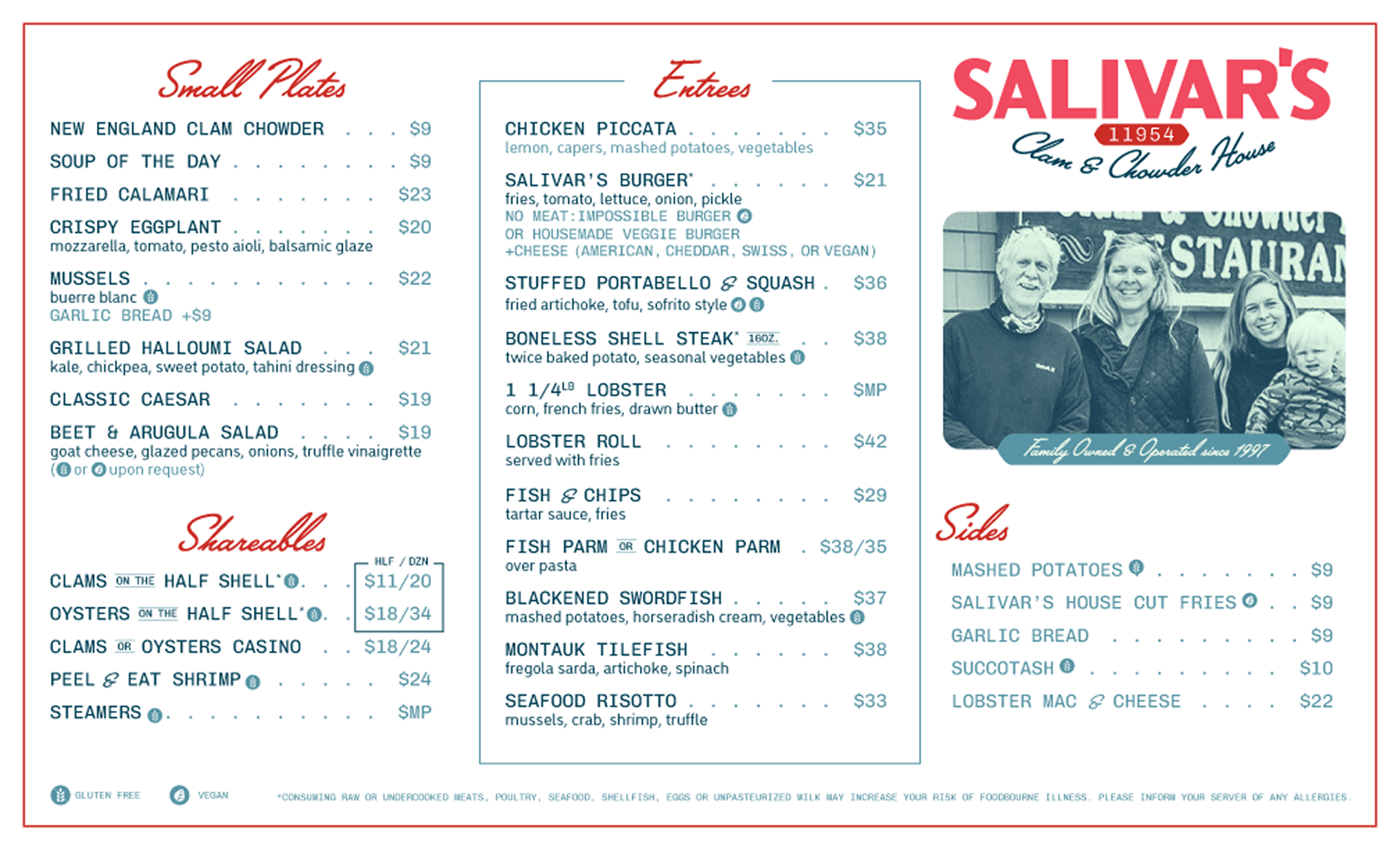 Salivar's dinner menu.