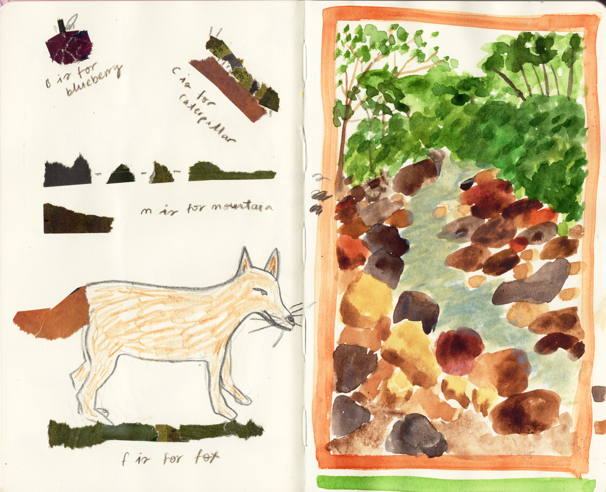 Exploración de collage y pintura de un rio con piedras alrededor hecho en acuarela