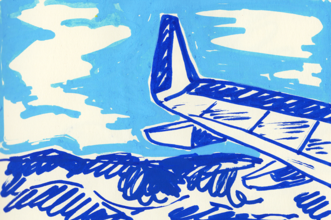 Dibujo desde la ventana de un avión con vista hacia las montañas que se están sobre volando, esta hecho con una paleta monocromática de tono azul y blanco.