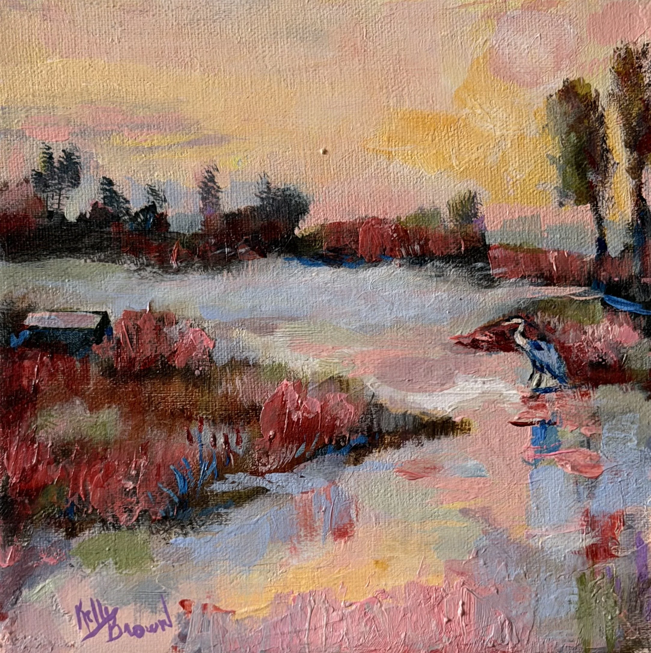 Morning Marsh Heron– Original Marsh Landscape Painting