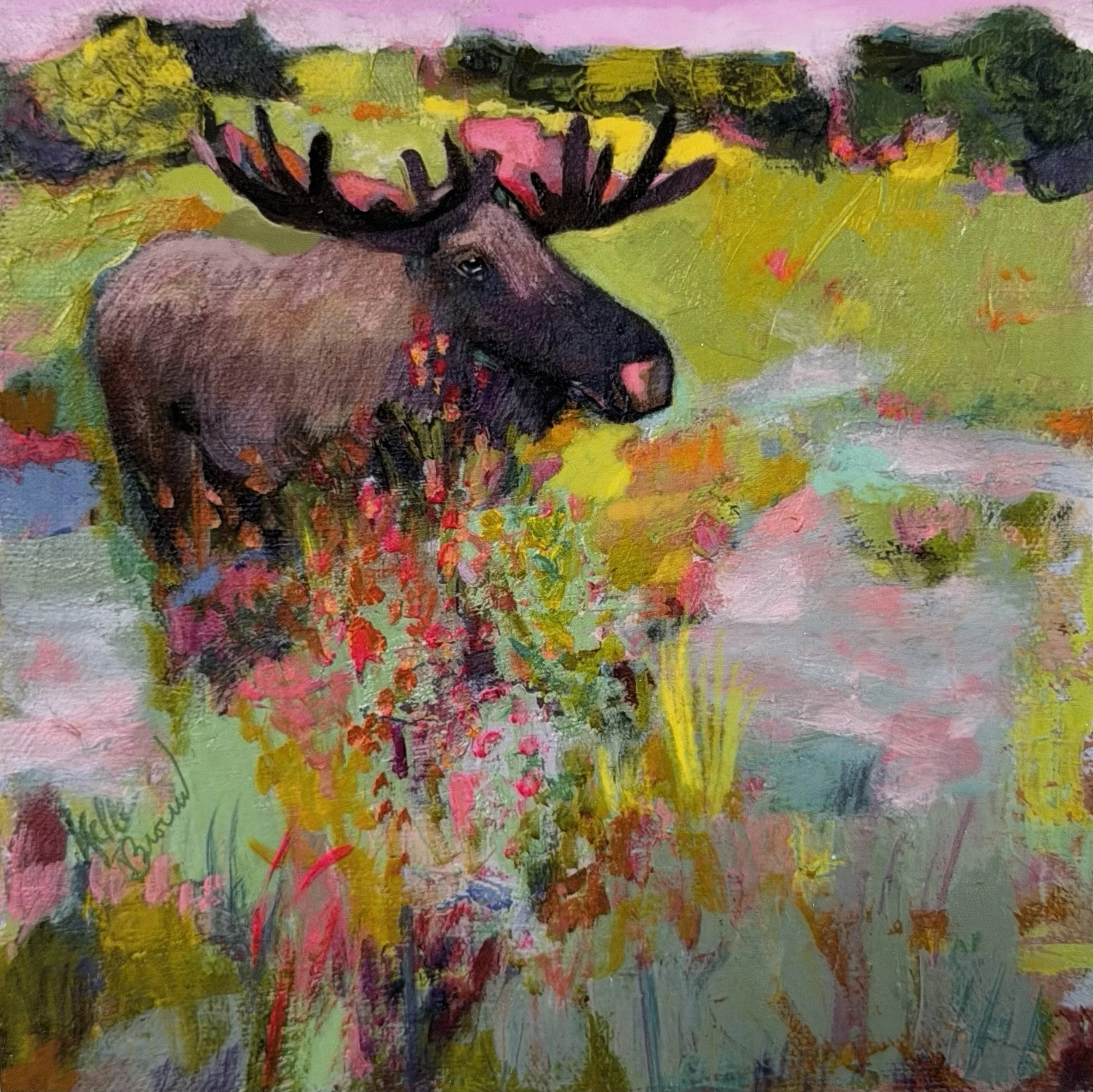 Moose in Wildflowers | Hand-Mounted Fine Art Panel