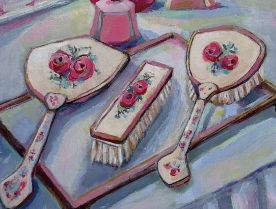 Painting of a Vanity top with vintage brushes and perfume bottles in front of a window