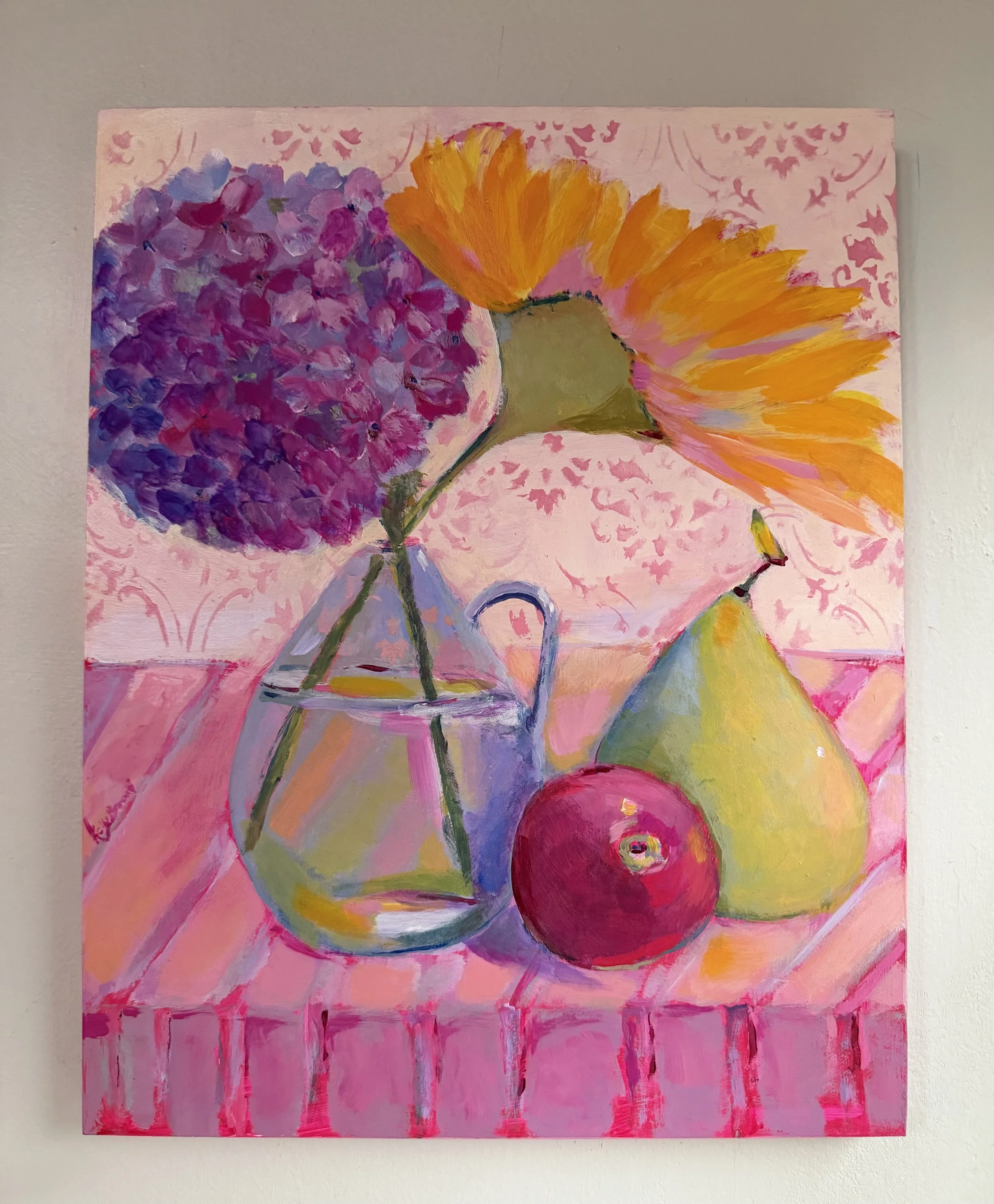 Pink Striped Table - Hydrangea & Sunflower - Original Acrylic Painting 11x14