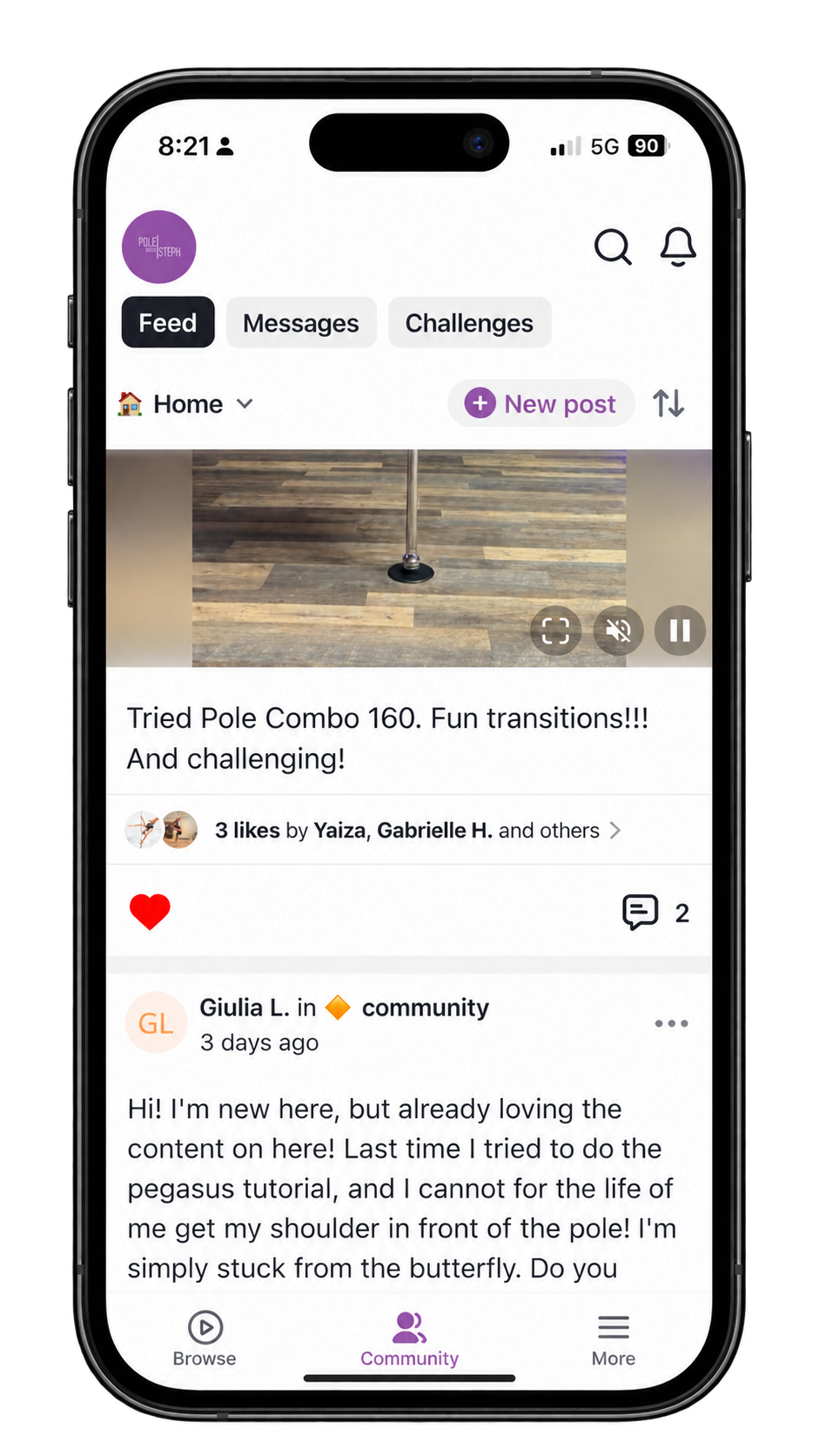 Pole with Steph Online Training Platform Community Tab.