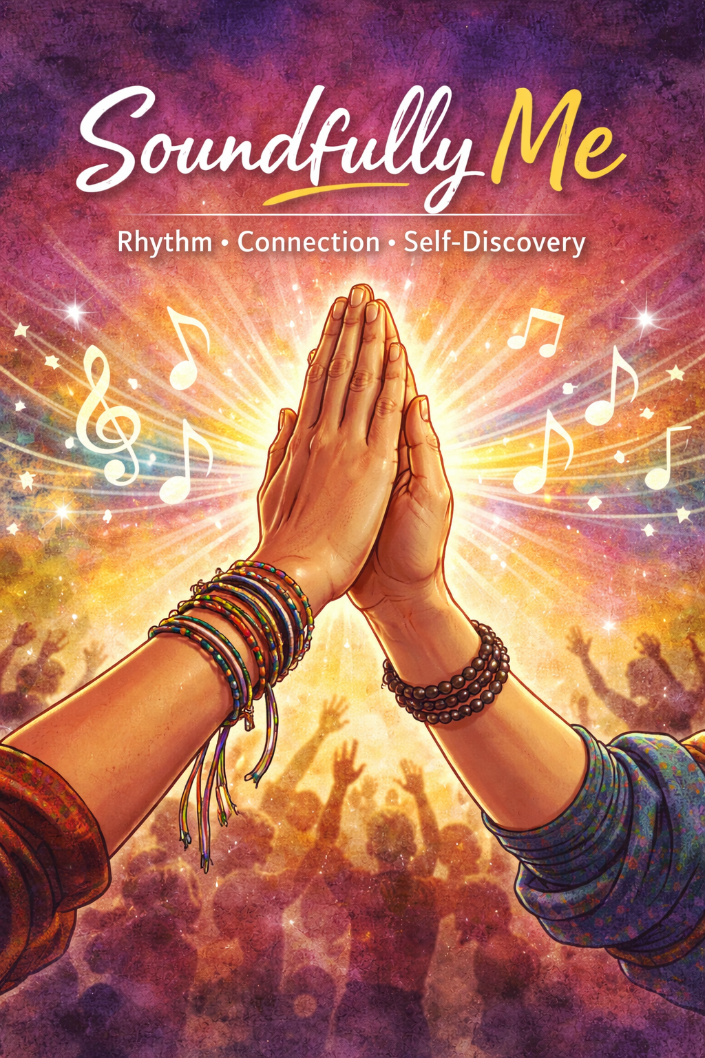 Illustration of two hands pressed together in a prayer position with colorful bracelets, surrounded by musical notes and a crowd at a concert or festival with a vibrant, abstract background.