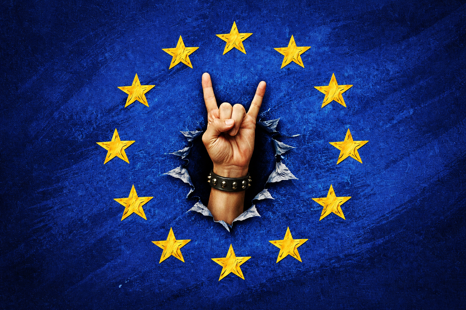 A hand making a rock 'horns' gesture emerges through a torn blue surface surrounded by yellow stars arranged in a circle, resembling the European Union flag.