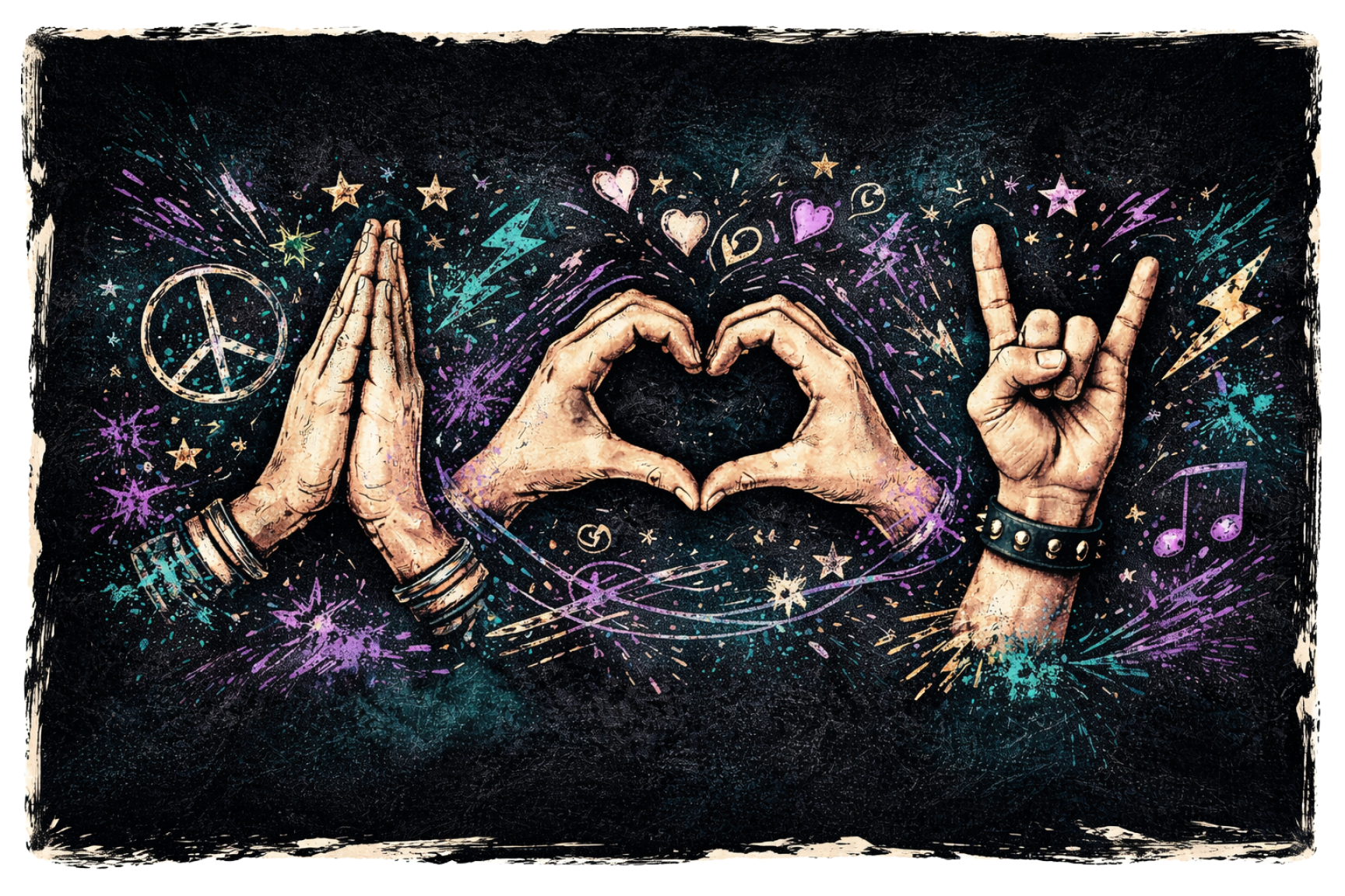 Illustration of various hands making different gestures: a prayer hands, a heart shape, and a 'rock on' hand sign. Inspired by vibrant, cosmic background with symbols of peace, love, music, stars, hearts, and lightning bolts.