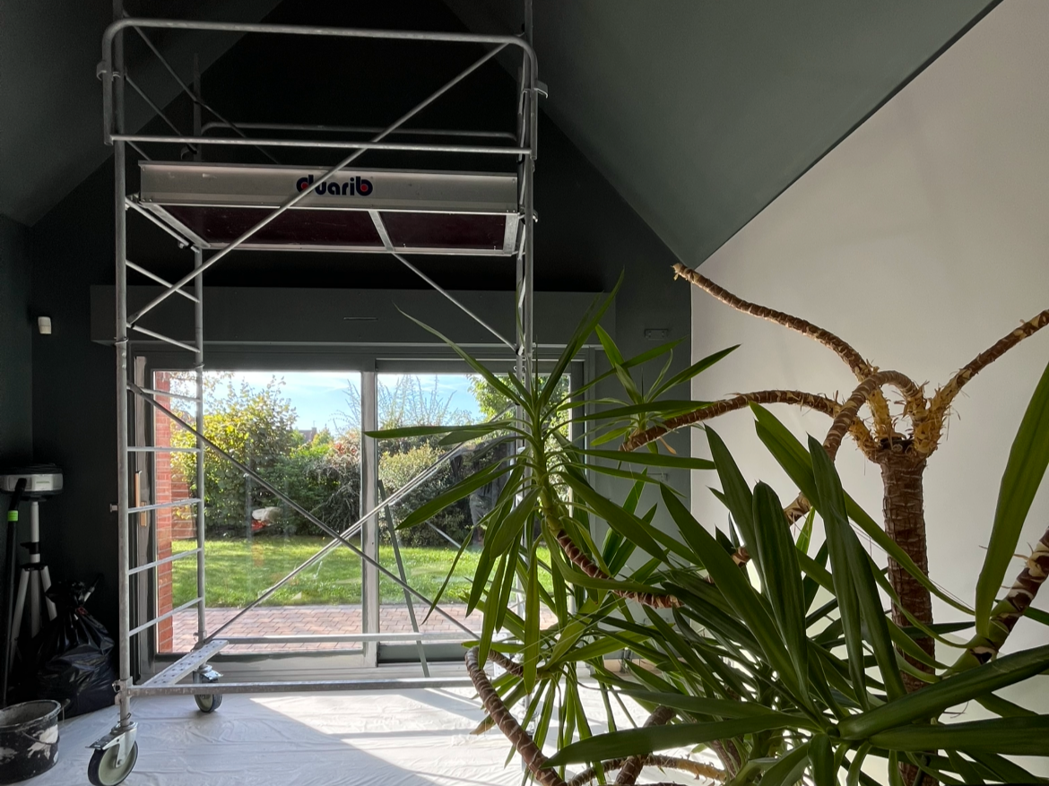 Une pièce avec un balcon ou une terrasse visible par une grande porte-fenêtre. Il y a un arbre d'intérieur et une étagère en métal blanche, probablement pour la peinture ou la décoration, sur le côté gauche.