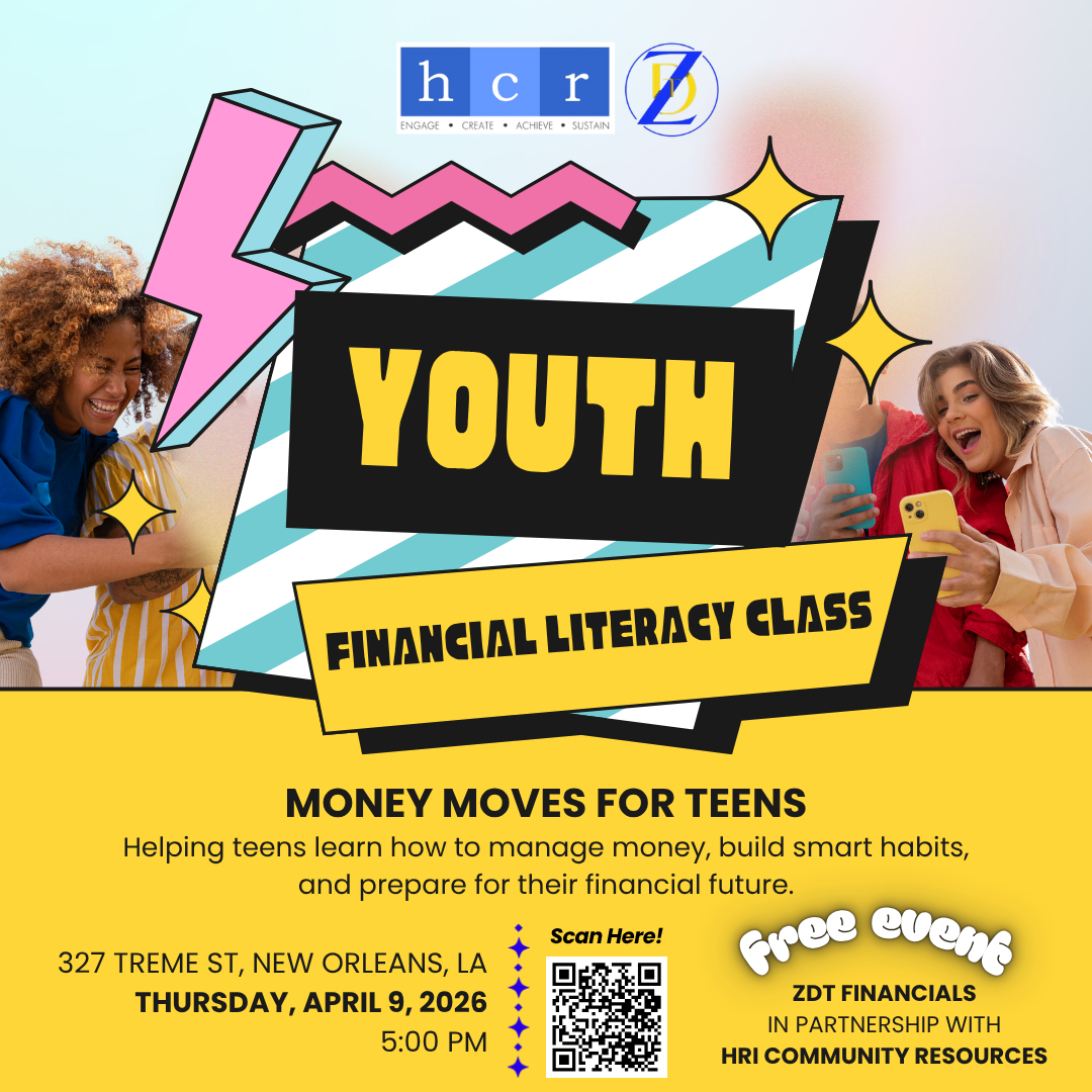 Flyer for a youth financial literacy class titled "Money Moves for Teens" featuring happy teens using smartphones, with details about the event's location, date, time, and partnership with HRI Community Resources.