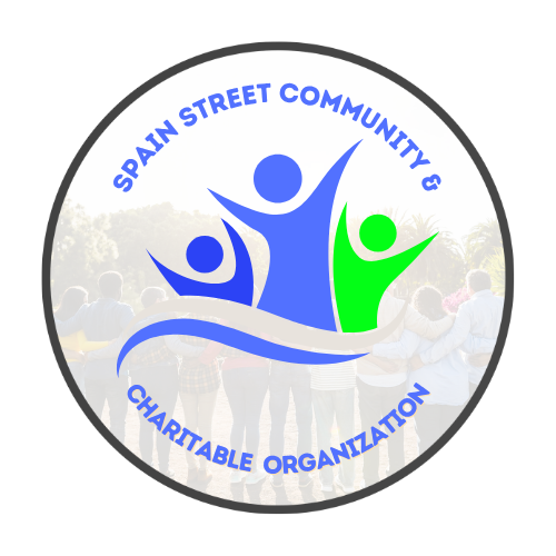 Logo of Spain Street Community Charitable Organization featuring three stylized human figures in blue and green, holding hands in a circle with trees and people in the background.