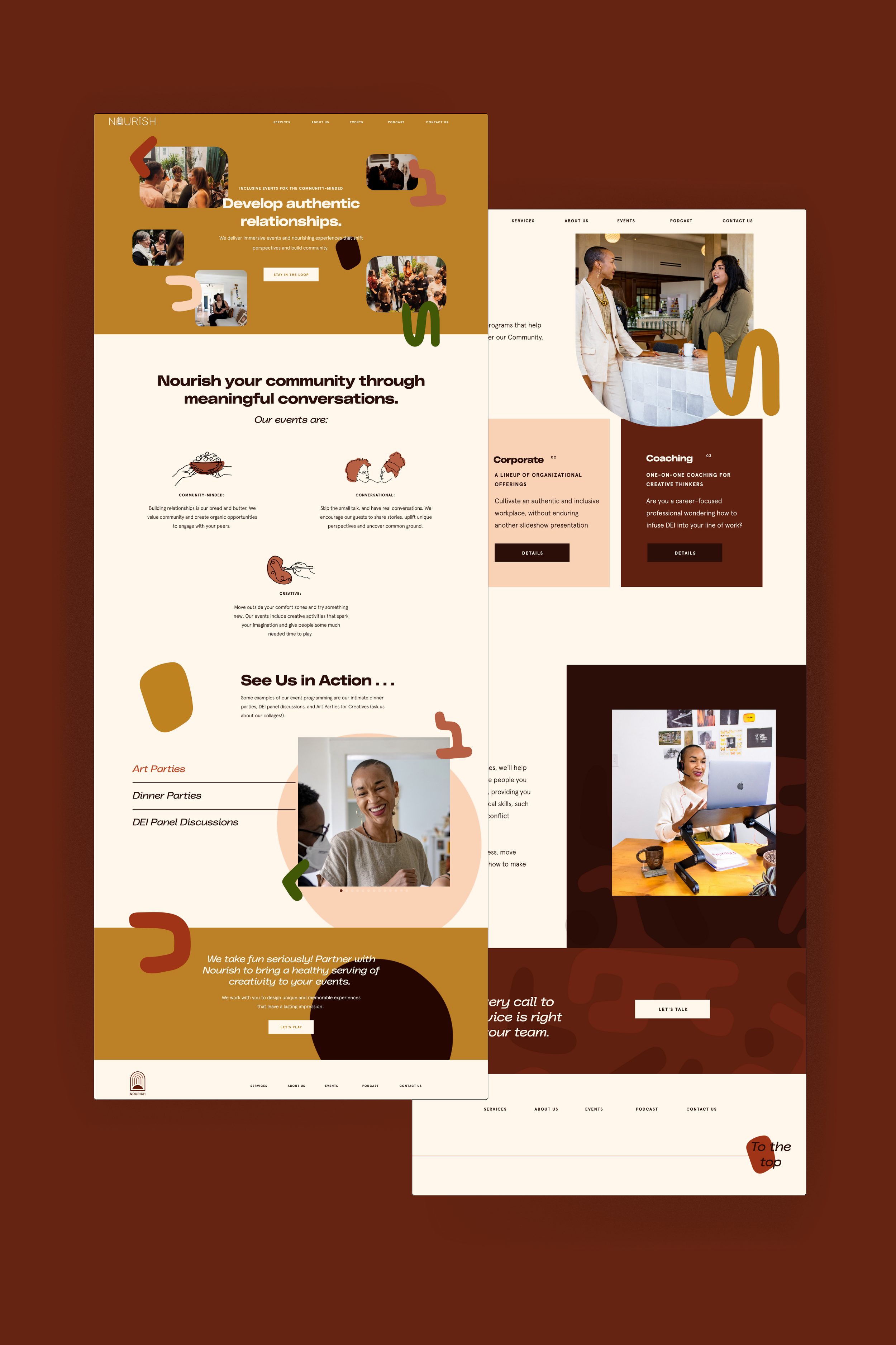 Three overlapping website screenshots with warm earthy tones, featuring images of people engaging in conversations, community events, and coaching activities related to developing authentic relationships and community engagement.