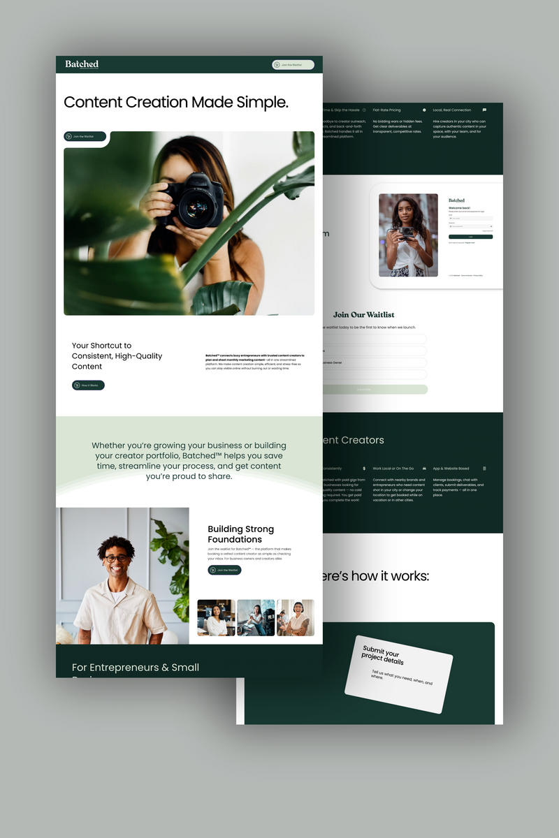 A multi-screen website mockup in deep olive for a tech content companu, showing a bold homepage layout with a professional photographer and clean typography