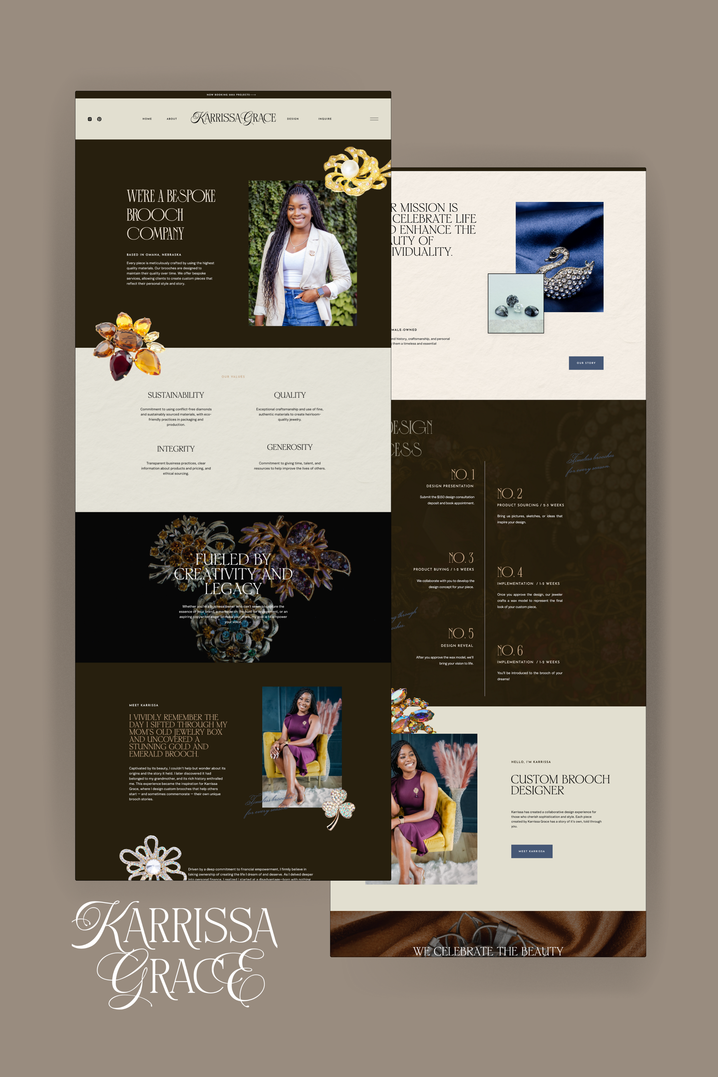 Screenshots of a website for a custom brooch designer named Karrissa Grace, featuring images of jewelry, a woman, and sections about the company's values and process.