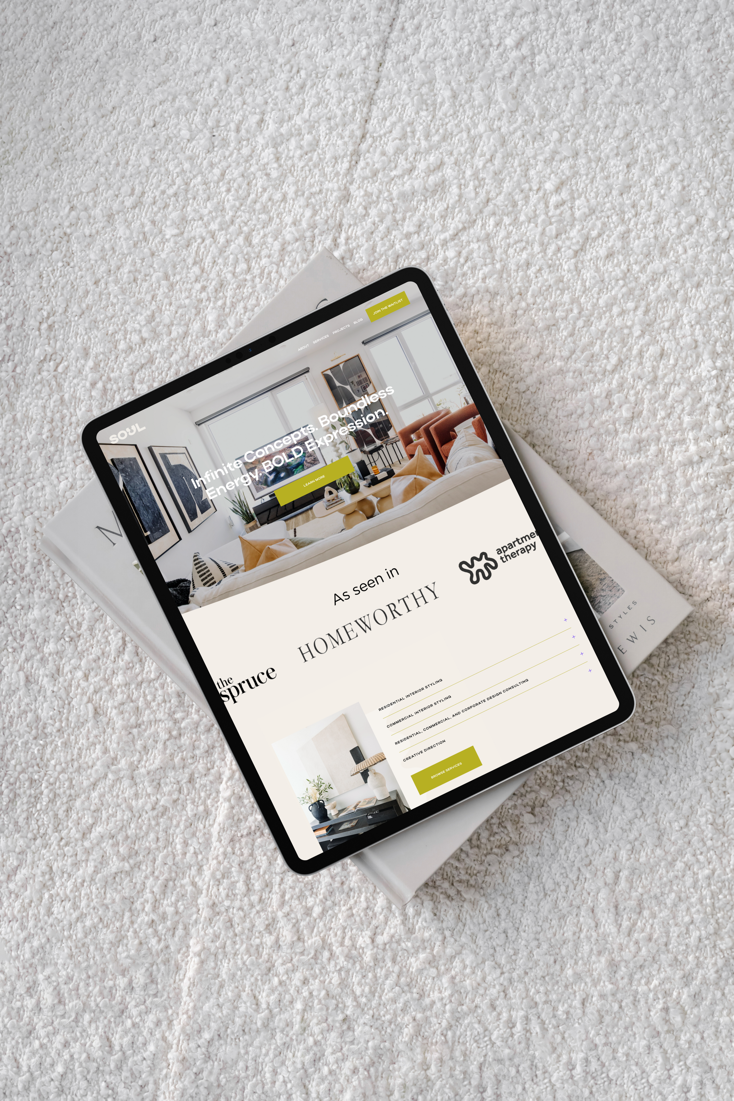 Desktop mockup of a custom website for an interior design firm, featuring a full-bleed lifestyle photo hero, neutral color palette and elegant sans-serif headings