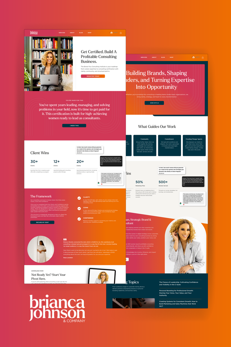 Screenshots of two professional consulting website pages for Brianca Johnson & Company, featuring woman with laptop, various service sections, client success stories, and branding elements.