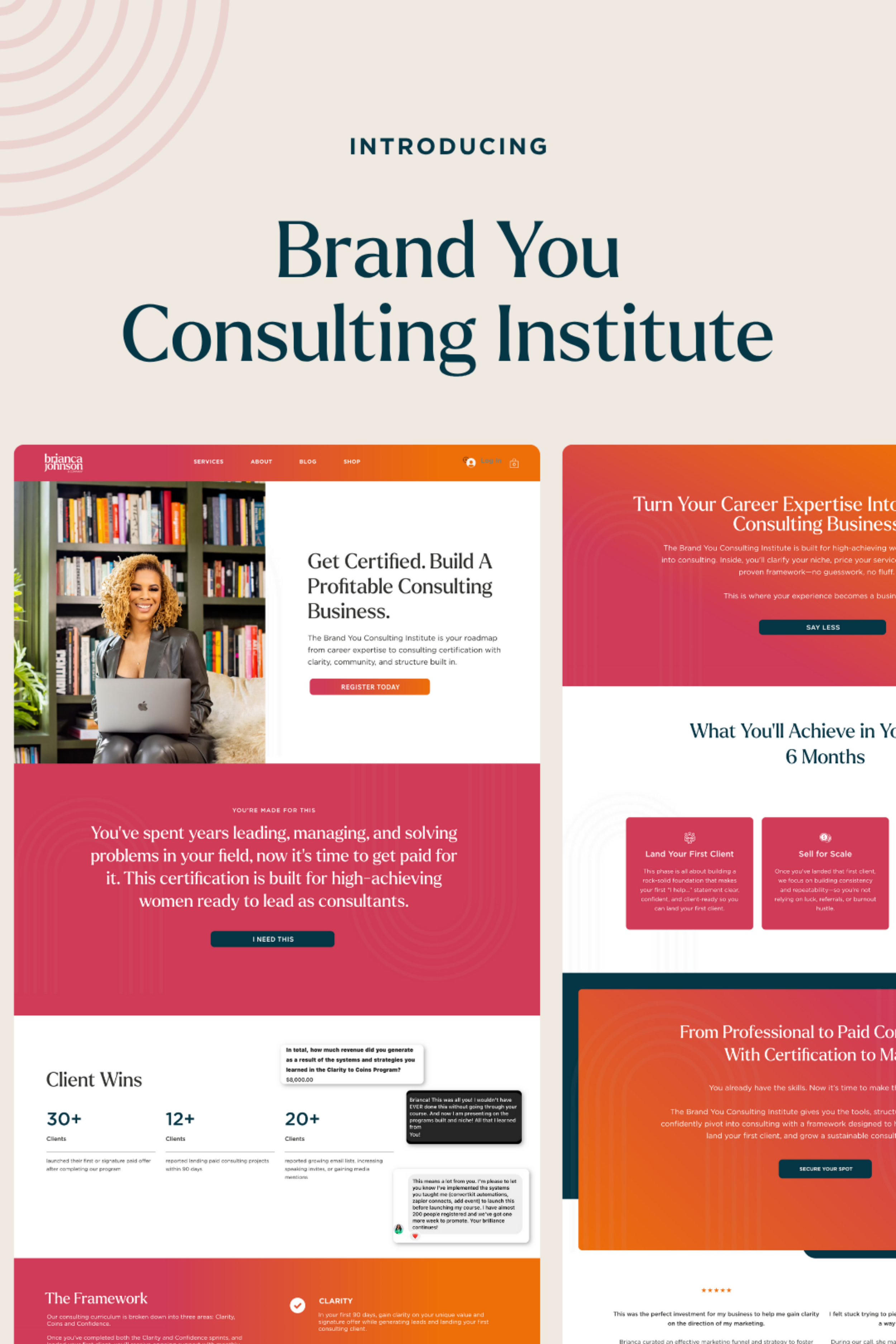 A promotional webpage for the Brand You Consulting Institute featuring sections on services, certification, coaching, client success stories, and program overview with a woman smiling with a laptop in front of bookshelves.