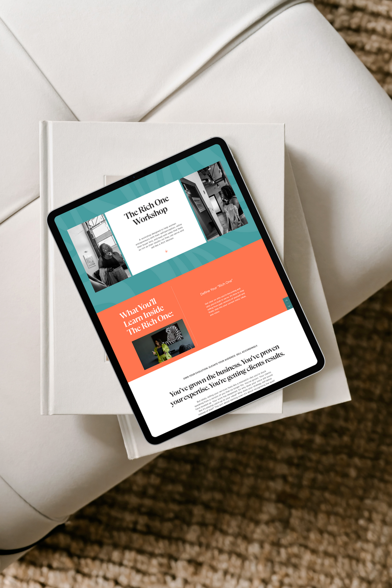 Full-length sales page design in warm cream and rich coral and teal colors, with a large hero section, bold pull quotes and a clearly structured offer layout for a business coach