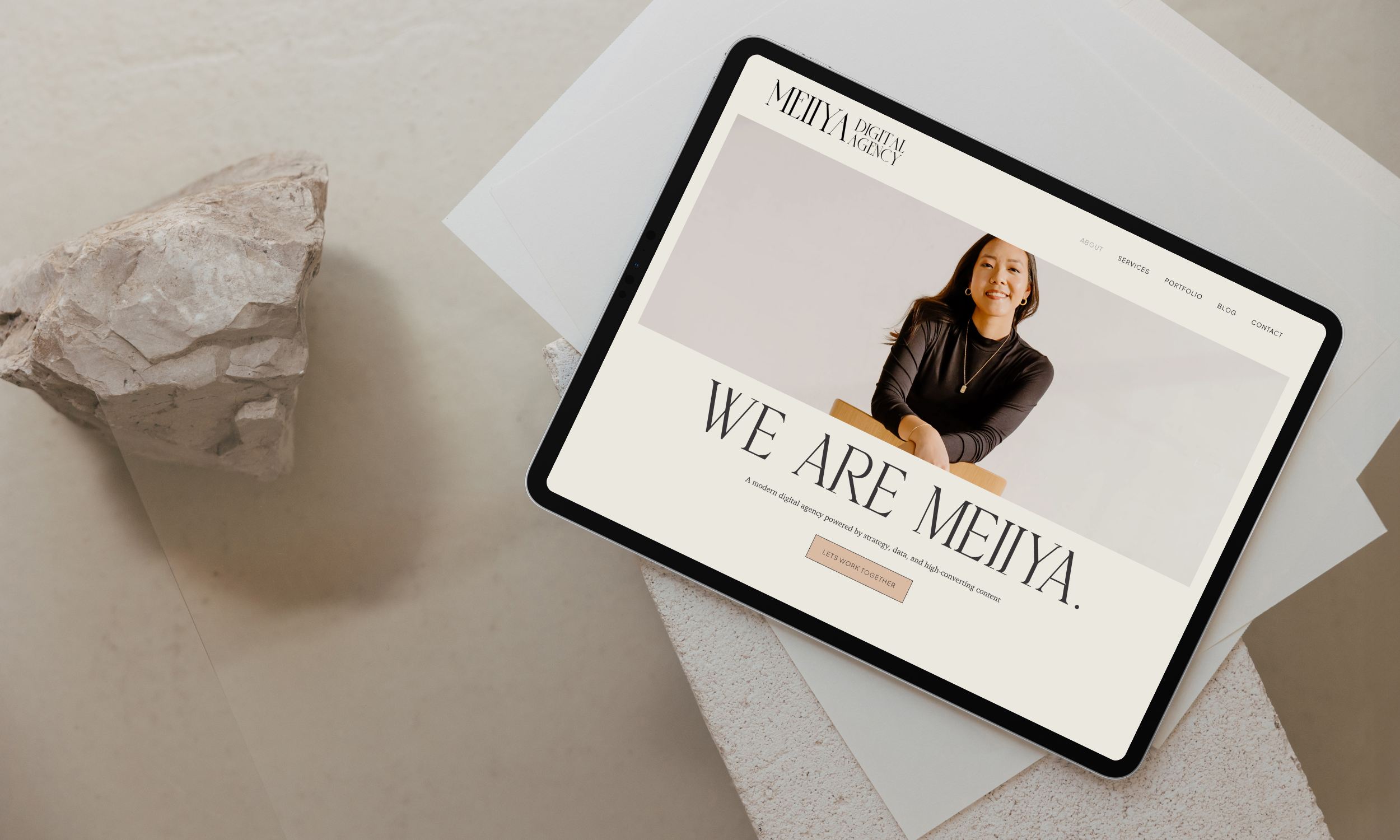 Wordpress mockup for digital agency editorial neutral color palette