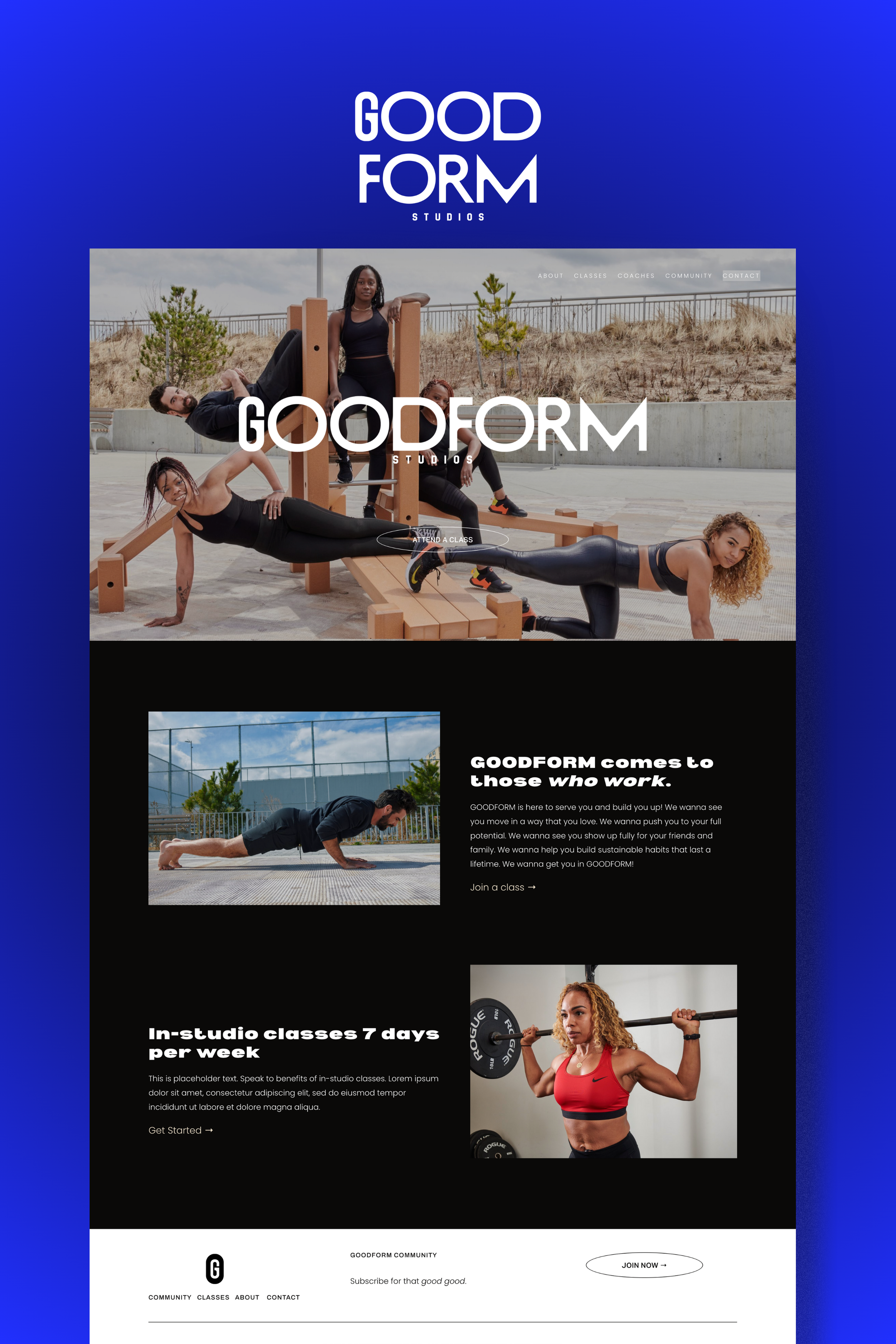 A website homepage for GOODFORM Studios featuring fitness classes and a photo of diverse people working out outdoors.
