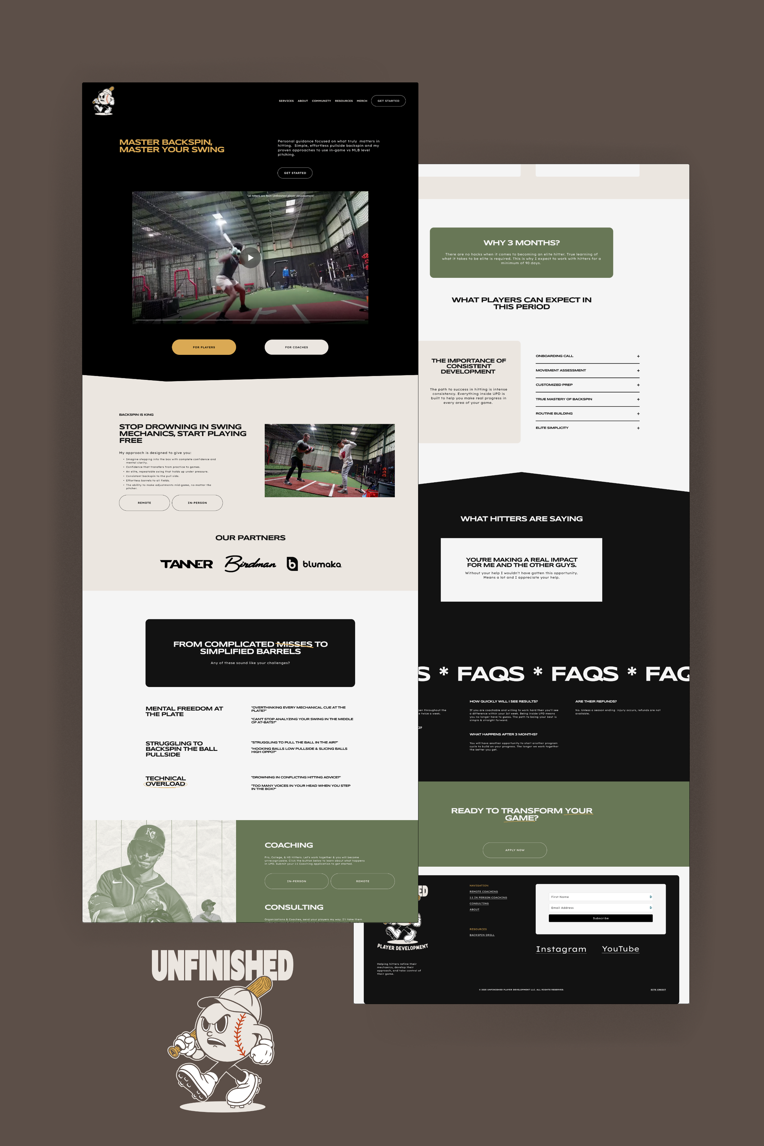 A collage of multiple website screenshots related to baseball coaching and training, with a mascot cartoon character wearing a baseball cap and holding a bat.