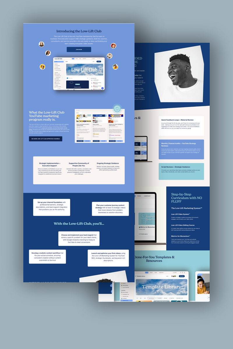 sales page design for youtube consultant on a blue background with sans font