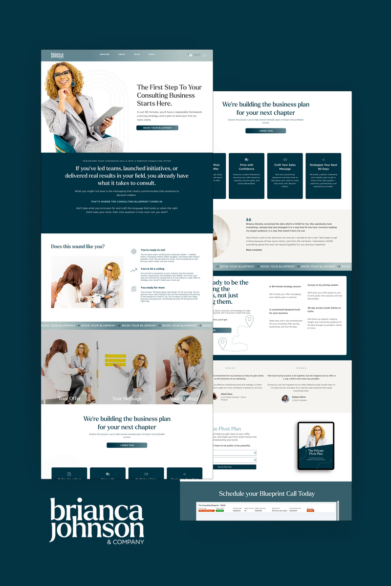 Blue sales page mockup of a woman smiling and posing with an ipad and speaking to clients