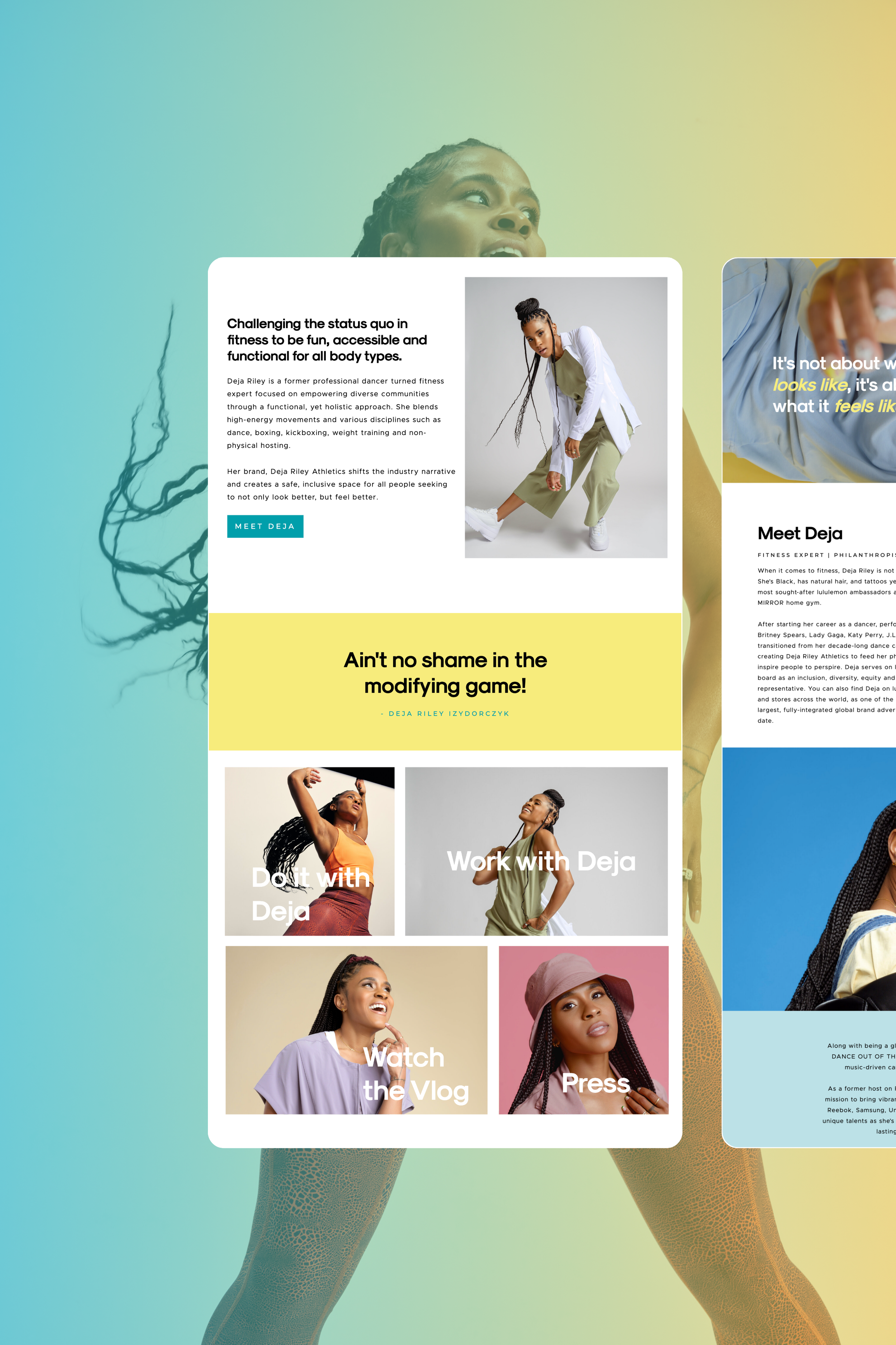 A close-up of a website homepage featuring a woman with braided hair in athletic wear, smiling and looking upwards. Overlaid are sections about a fitness expert named Deja Riley, with options to watch her vlog, work with her, or press for more information, set against a colorful background.