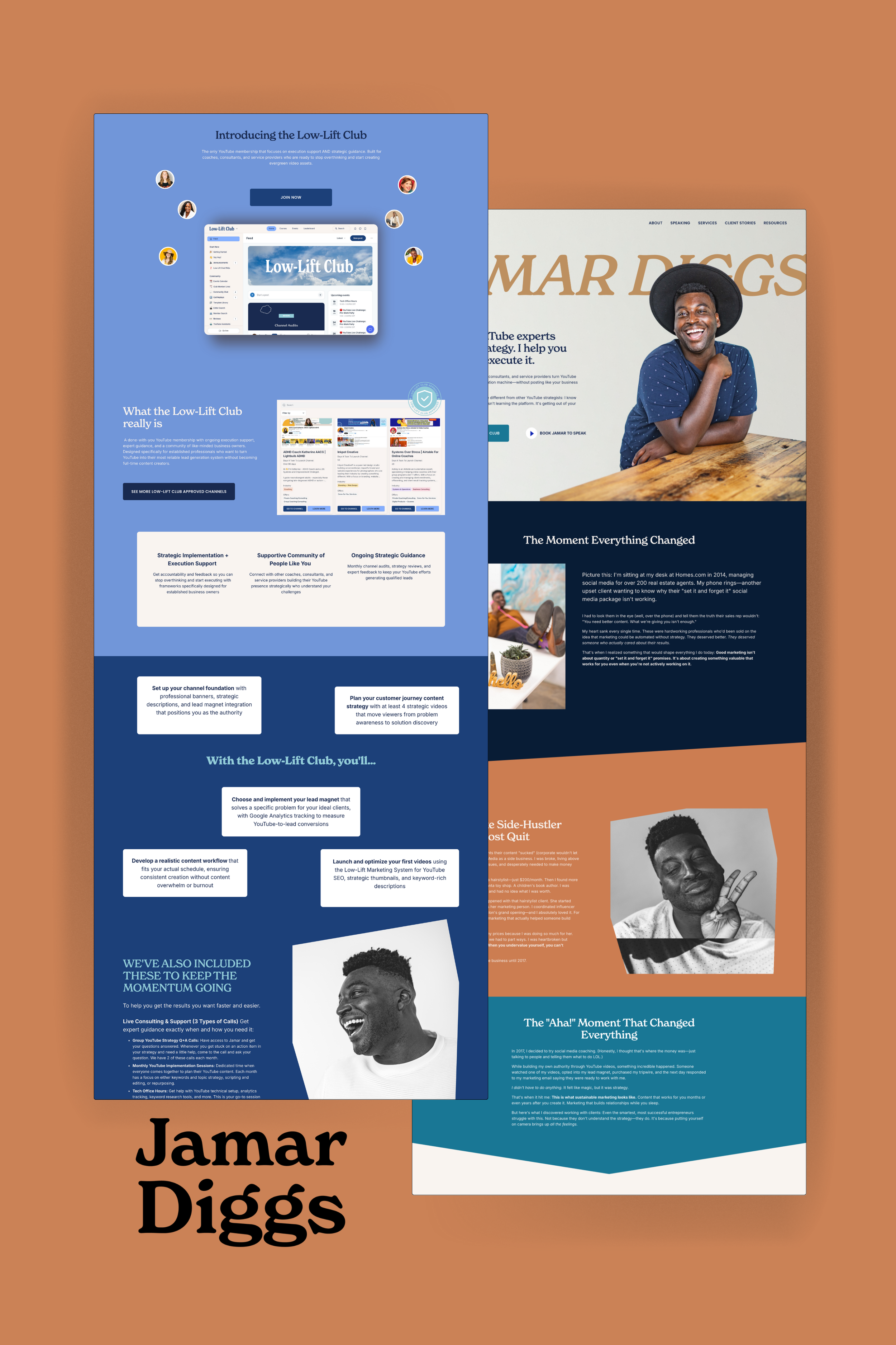 Two overlapping digital marketing or social media webpage screenshots, one with a blue background and the other with a light background, featuring text and images about building online presence and success.