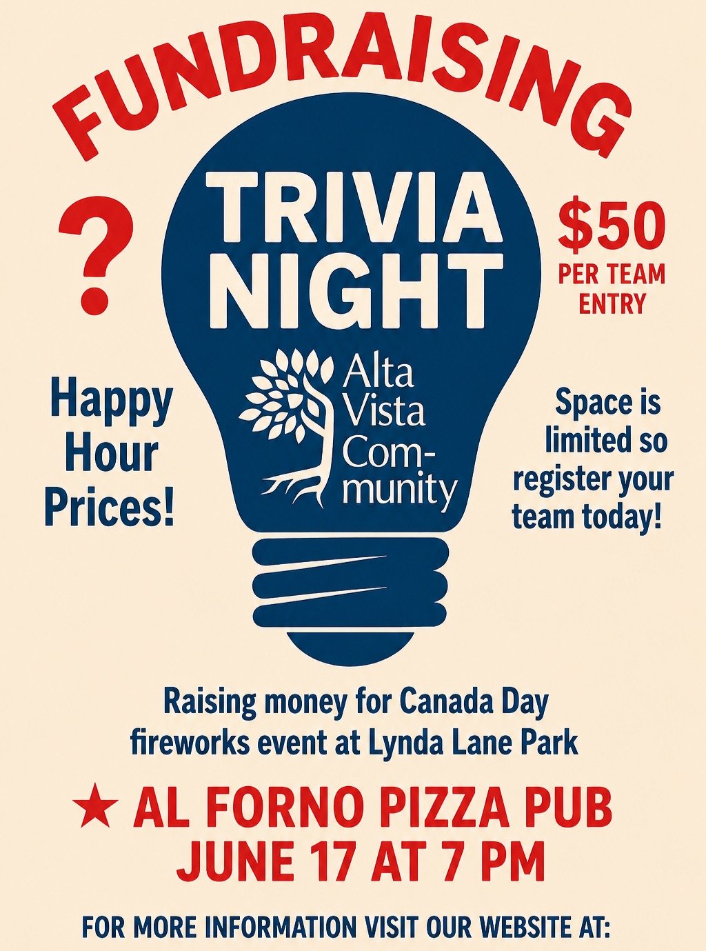 Trivia Night! 
We're fundraising for our Canada Day Celebration taking place at Lynda Lane Park. 

Teams are 4-6 people. 

For more information, check out our Website www.avca.ca or find us on Facebook. 

Donations can be made to our gofundme: https: