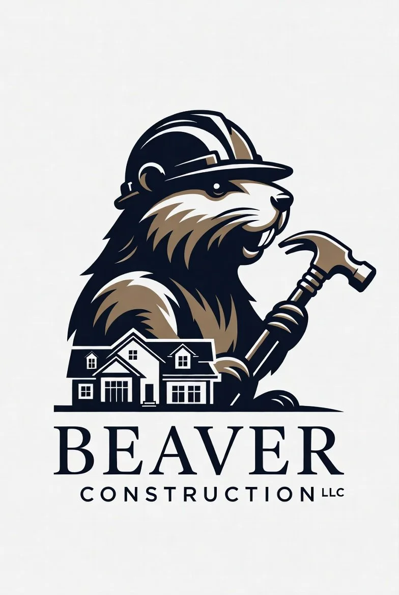 Logo for Beaver Construction LLC featuring a beaver with a hard hat holding a hammer, with a house in the background.