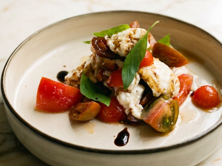 Caprese salad, cherry tomatoes, buffalo mozzarella, balsamic vinegar, basil