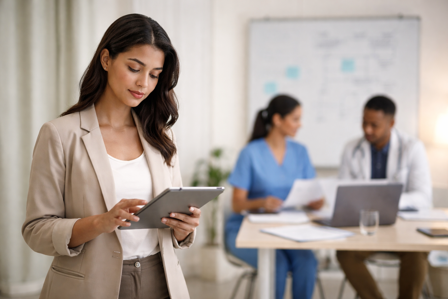 Young woman in beige blazer looking at a tablet, with healthcare professionals in scrubs working at a table in the background.