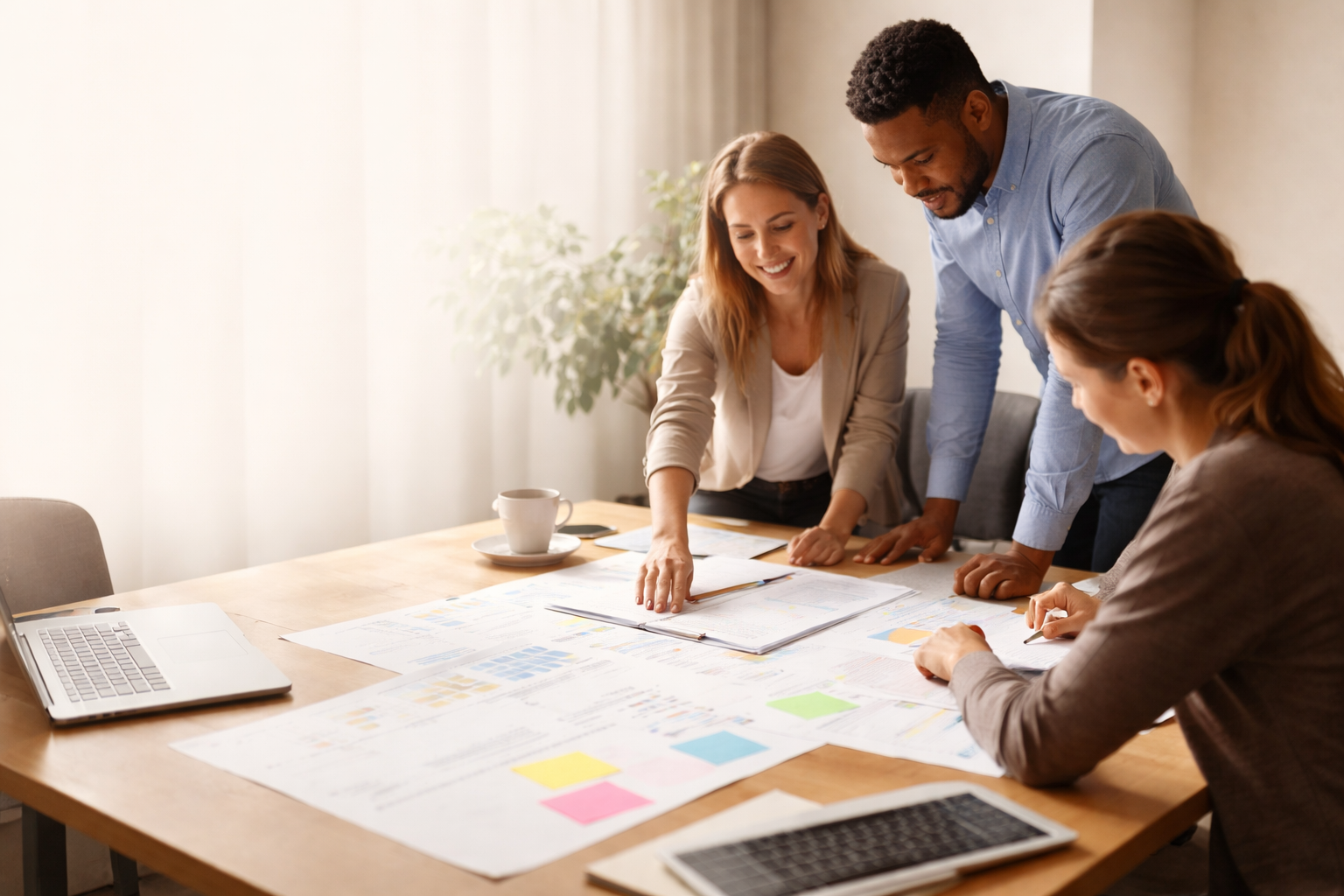 Three colleagues reviewing documents and charts on the table during a meeting, with a woman pointing at a paper.