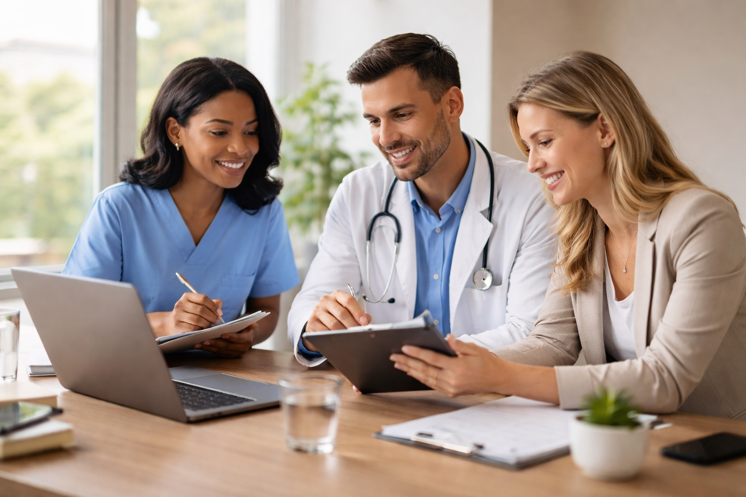 Three healthcare professionals, including a nurse, a male doctor, and a female doctor, sitting around a table discussing medical documents with a laptop, clipboard, and a potted plant on the table.