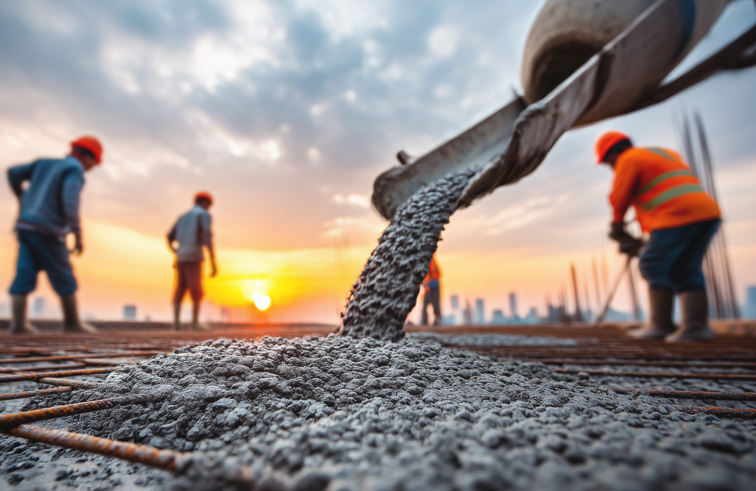 Construction workers pouring concrete on a building site at sunset, with a city skyline in the background.