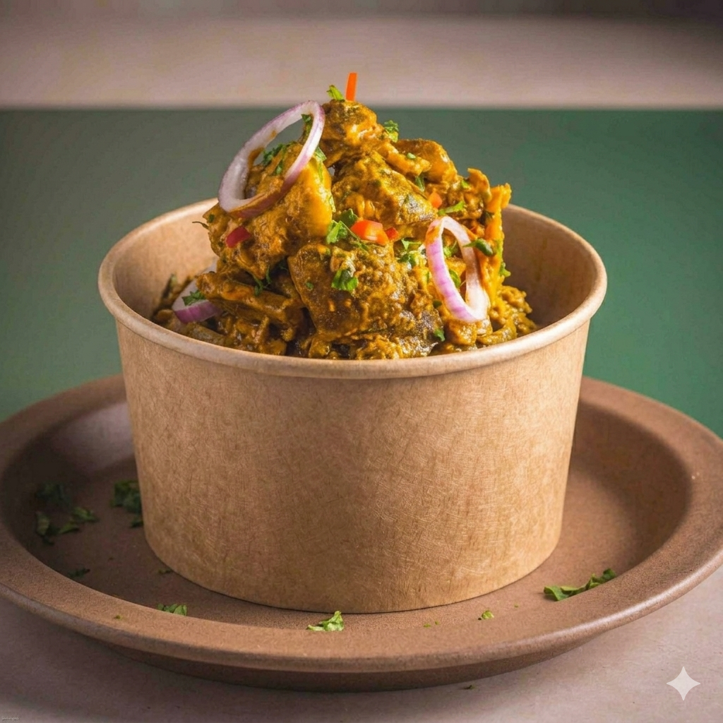 A cup of Indian-style curry with chicken, garnished with sliced onions, chopped tomatoes, and cilantro, served on a brown plate.