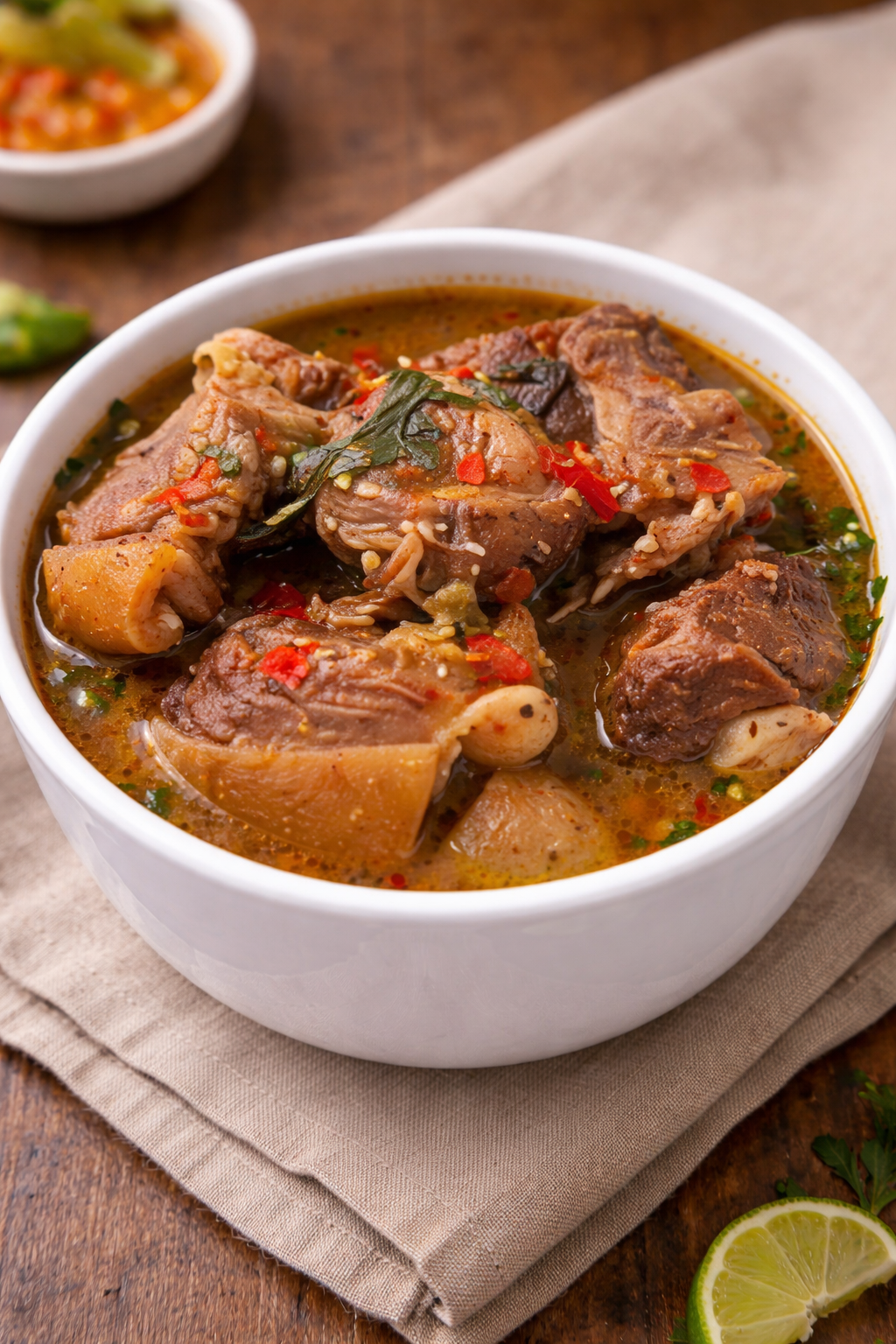 A bowl of flavorful beef and vegetable soup with herbs and spices, garnished with red chili pieces and green herbs.