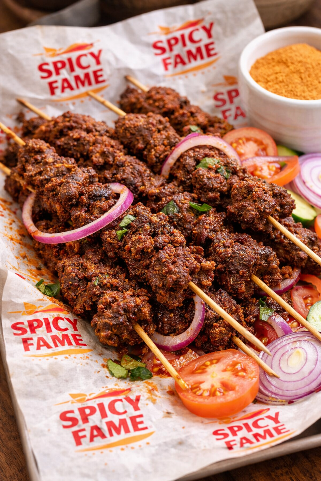Skewers of spicy, seasoned ground meat served with sliced tomatoes, onions, cucumbers, and a small bowl of seasoning powder, on paper branded with 'Spicy Fame' logo.